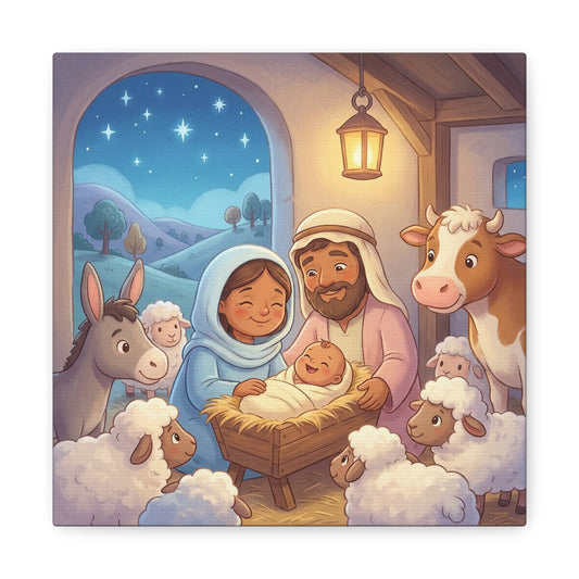 Holy Family Nativity Canvas Wall Art - Baby Jesus, Mary And Joseph Nursery Decor - Starry Stable Christian Home Decoration - Matte Canvas Print For Bedroom, Living Room - Ready to Hang - Ready to Hang