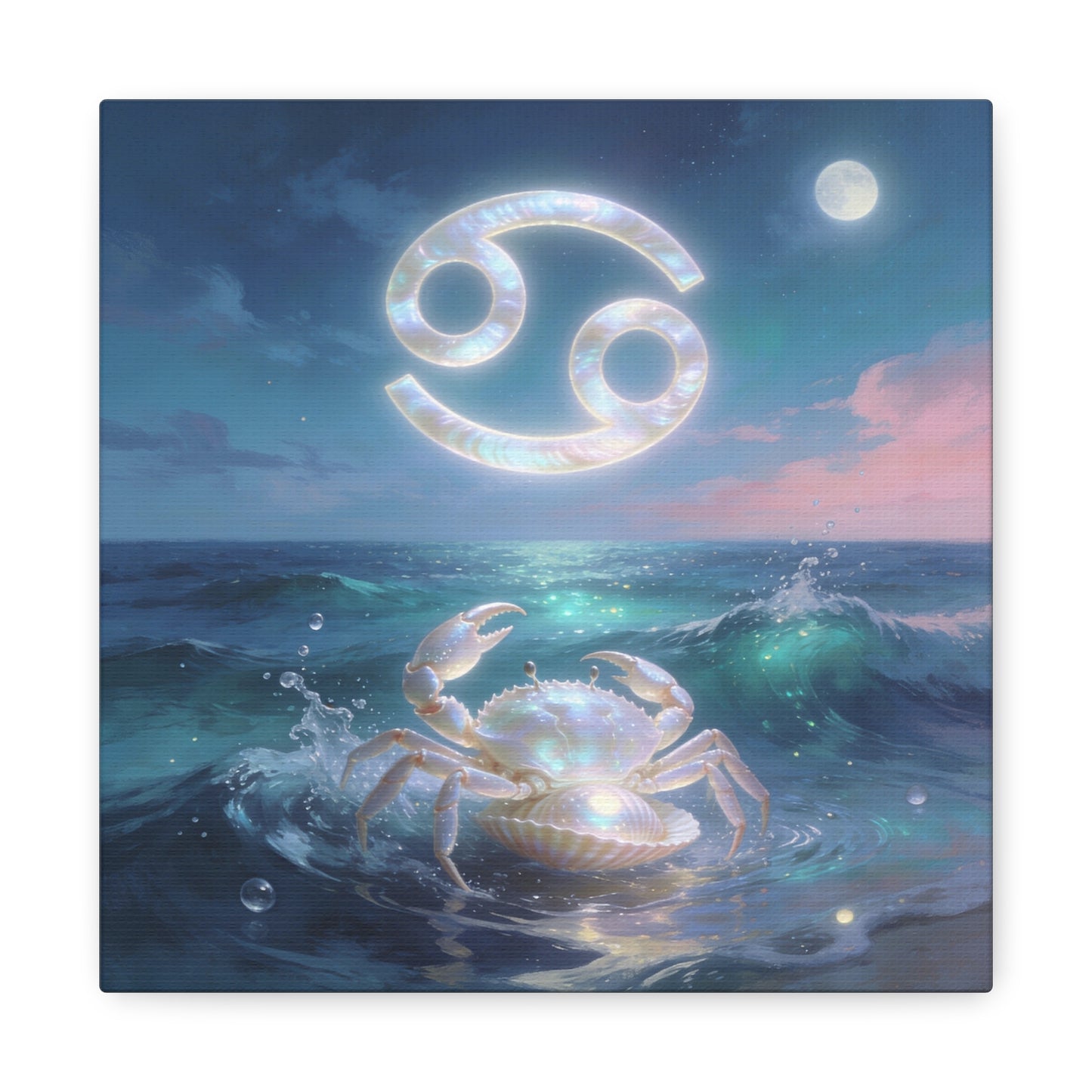 Cancer Zodiac Canvas Wall Art - Moonlit Ocean Crab, Iridescent Shell Symbol - Coastal Celestial Print, Dreamy Blue Seascape - Bedroom Home Decoration, Living Room Wall Decor - Bedroom Home Decoration