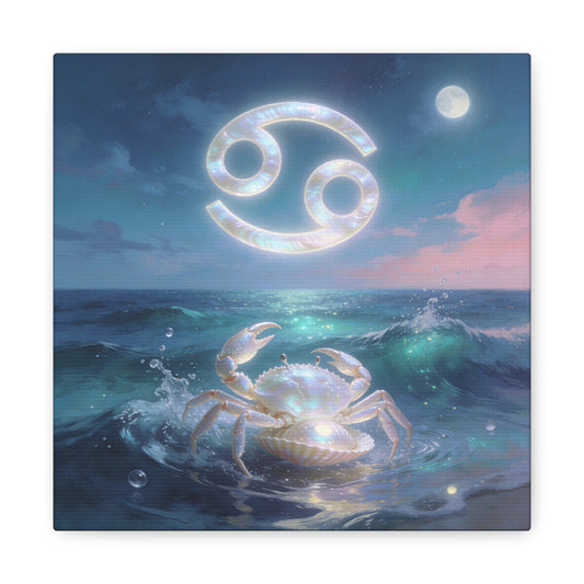 Cancer Zodiac Canvas Wall Art - Moonlit Ocean Crab, Iridescent Shell Symbol - Coastal Celestial Print, Dreamy Blue Seascape - Bedroom Home Decoration, Living Room Wall Decor - Bedroom Home Decoration