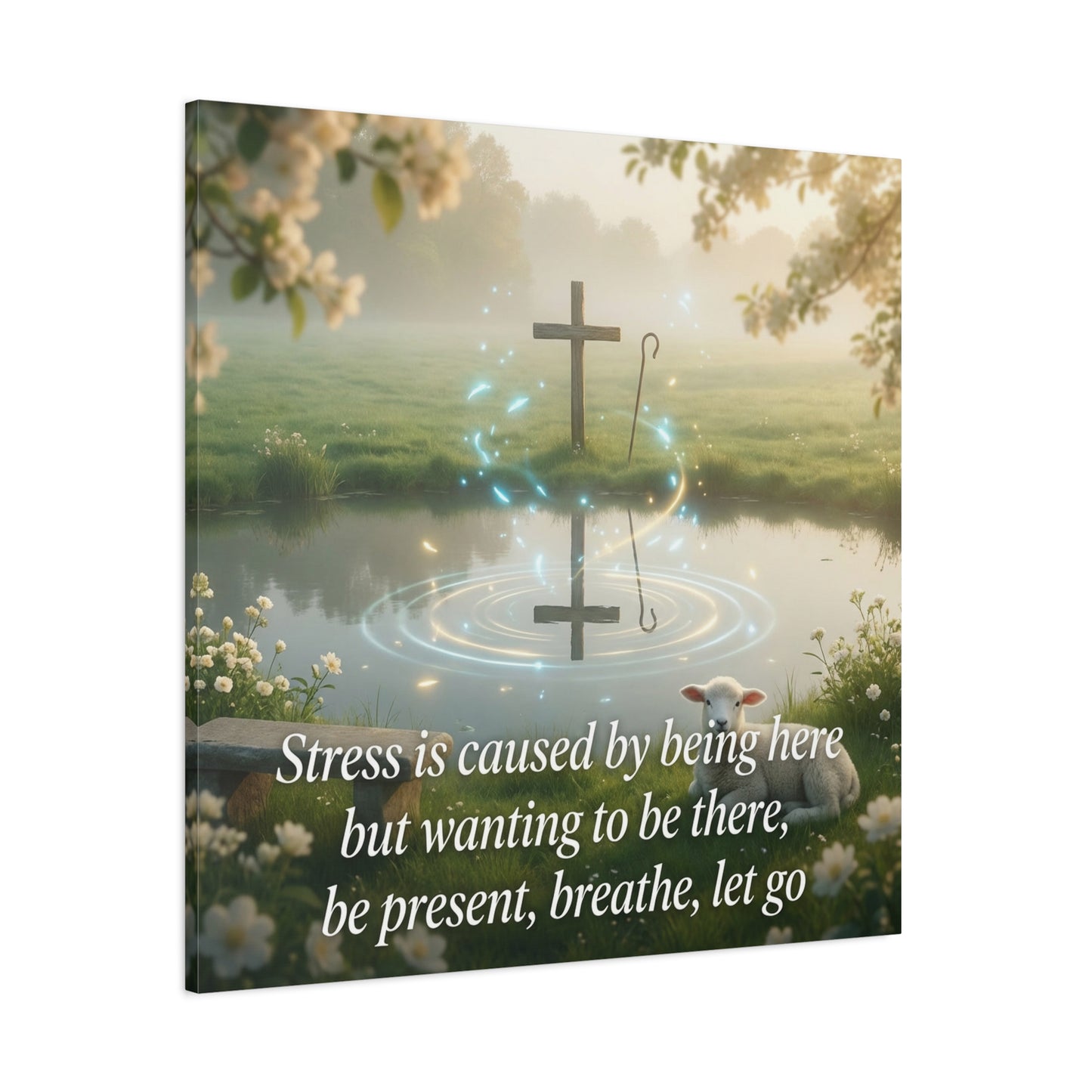 "Stress is caused by being here but wanting to be there, be present, breathe, let go" Cross Canvas Wall Art - Christian Inspirational Pond Scene - Traditional Style - Bedroom Wall Decor