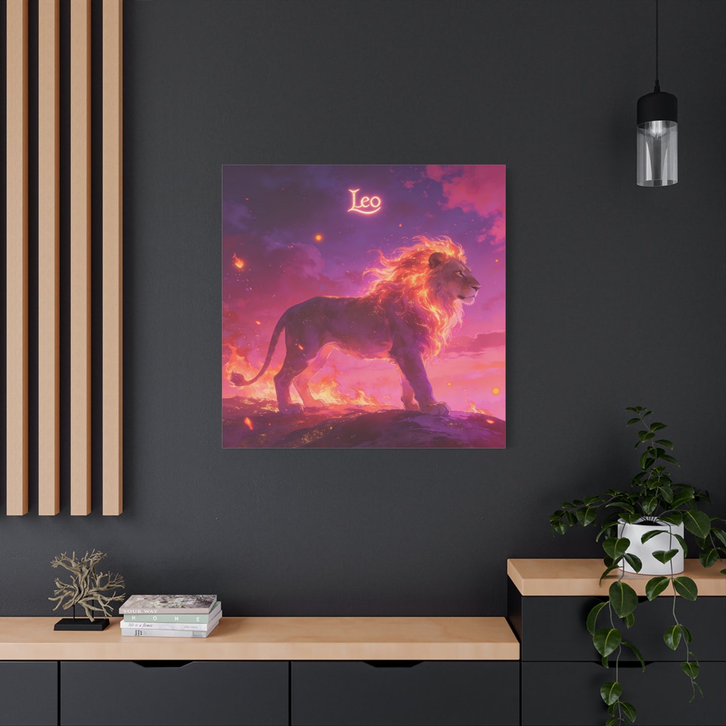 "Leo" Lion Canvas Wall Art - Fiery Zodiac Illustration, Purple Pink Sky, Matte Finish Canvas Print - Modern Astrology Decor, Bedroom Home Decoration, Office Wall Art Accent - Bedroom Home Decoration