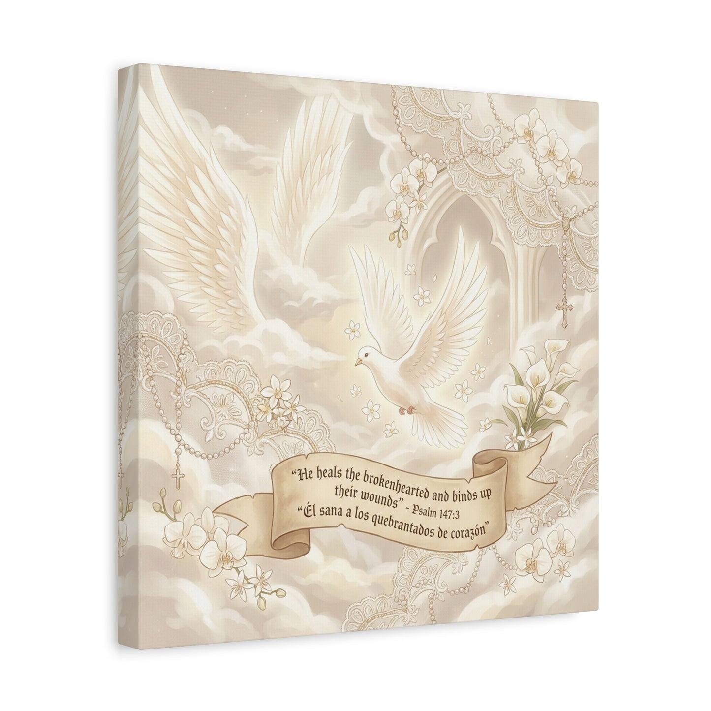 "He Heals The Brokenhearted And Binds Up Their Wounds" Canvas Wall Art - Dove, Cross, Psalm 147:3 Scripture Print - Beige Floral Christian Decor - Bedroom Living Room Home Decoration - Office Wall Art