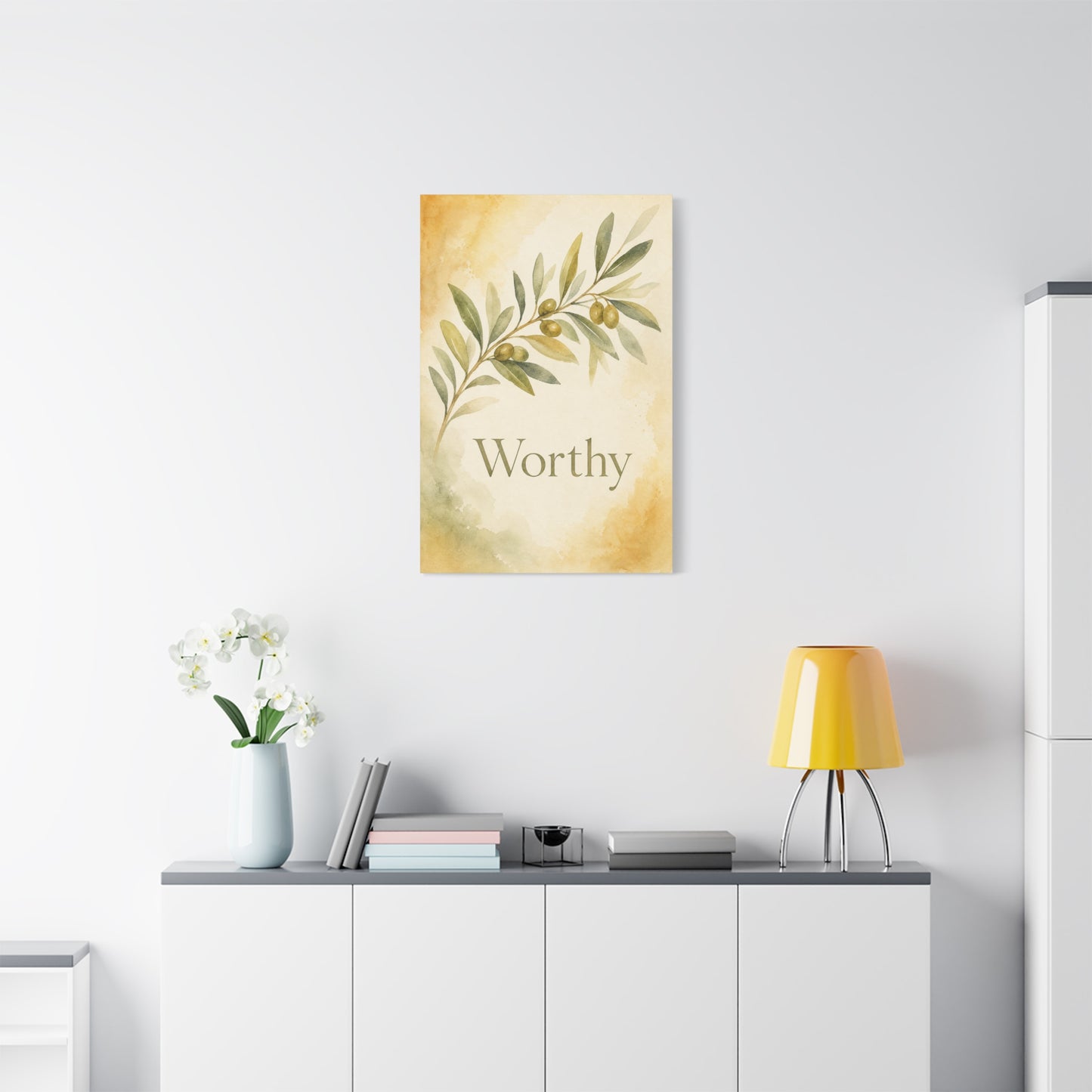 "Worthy" Olive Branch Canvas Wall Art - Botanical Inspirational Wall Decor - Watercolor Sage Gold Canvas Print - Bedroom Living Room Decoration - Ready to Hang - Bedroom Home Decoration