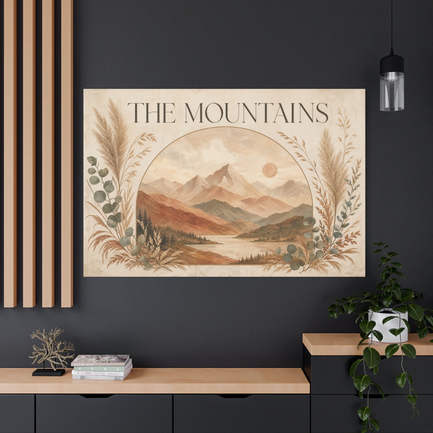 "The Mountains" Mountain Landscape Canvas Wall Art - Neutral Boho Nature Print, Desert Sun Lake Scene, Contemporary Rustic Style - Living Room Wall Decor, Bedroom Home Decoration - Ready to Hang