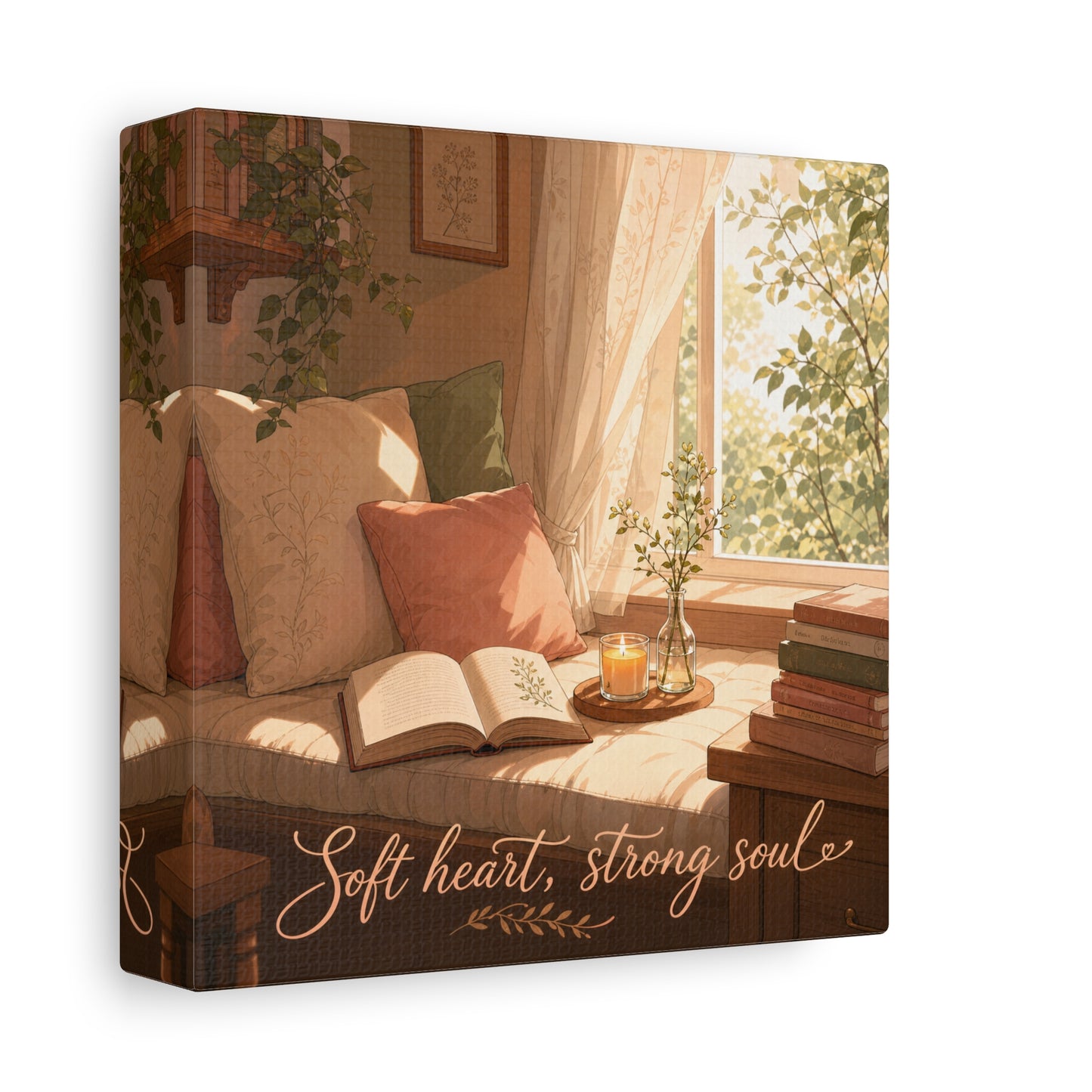 "Soft Heart, Strong Soul" Reading Nook Canvas Wall Art - Sunlit Window Seat, Books, Candle, Botanical Bedroom Decor - Cozy Cottagecore Style - Living Room Wall Decor - Bedroom Home Decoration