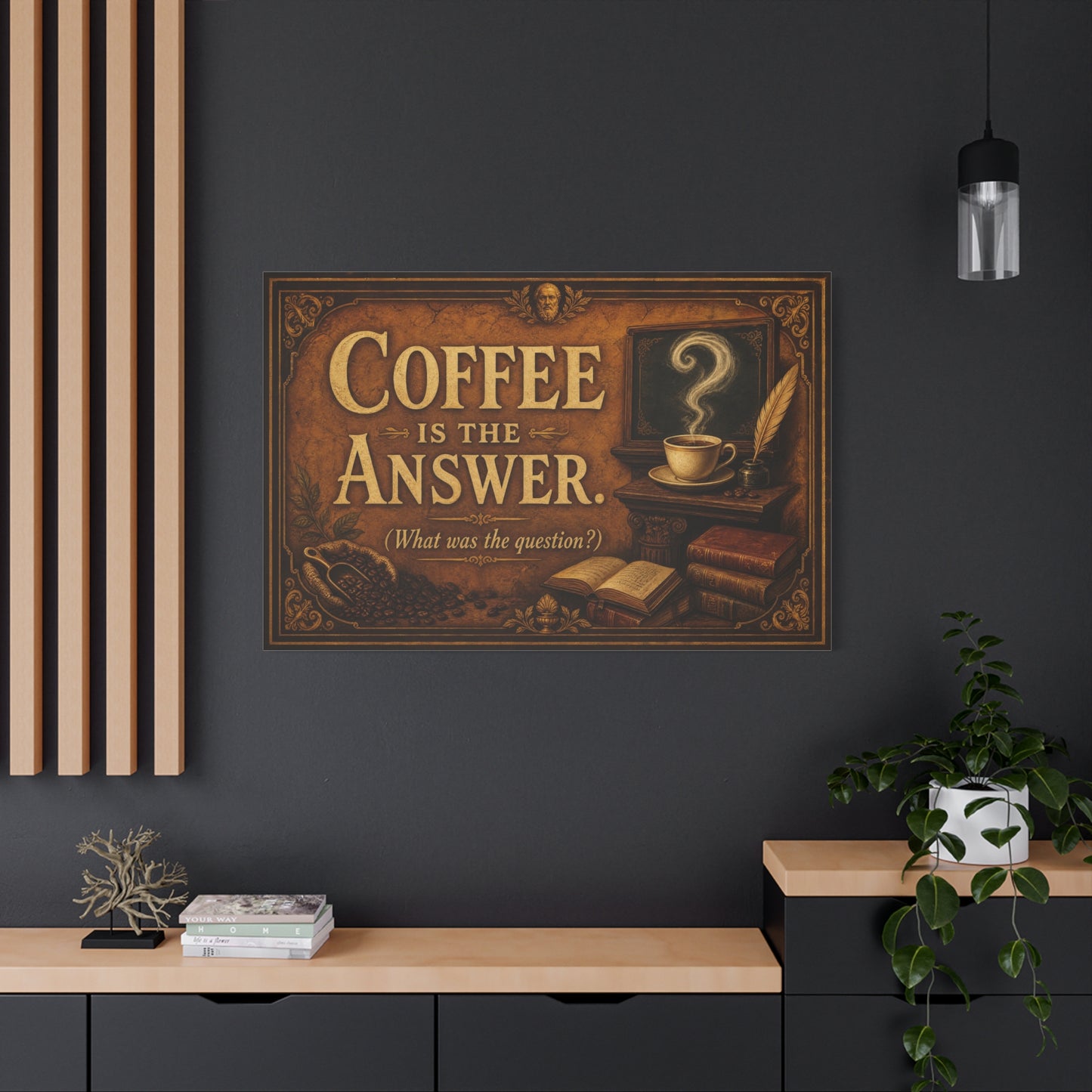 Coffee Is The Answer. What Was The Question Canvas Wall Art - Vintage Coffee Cup, Books, Bean Sack Decor - Rustic Typography Print - Cafe Interior, Study Room Decoration - Cafe Wall Art - Bistro Decor