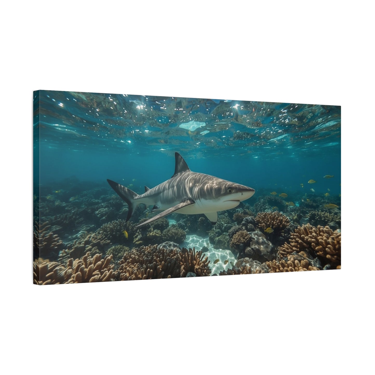 Tiger Shark Canvas Wall Art - Underwater Coral Reef Ocean Art Print, Blue Coastal Wall Decor - Matte Canvas Seascape - Living Room Home Decoration, Office Art - Bedroom Home Decoration