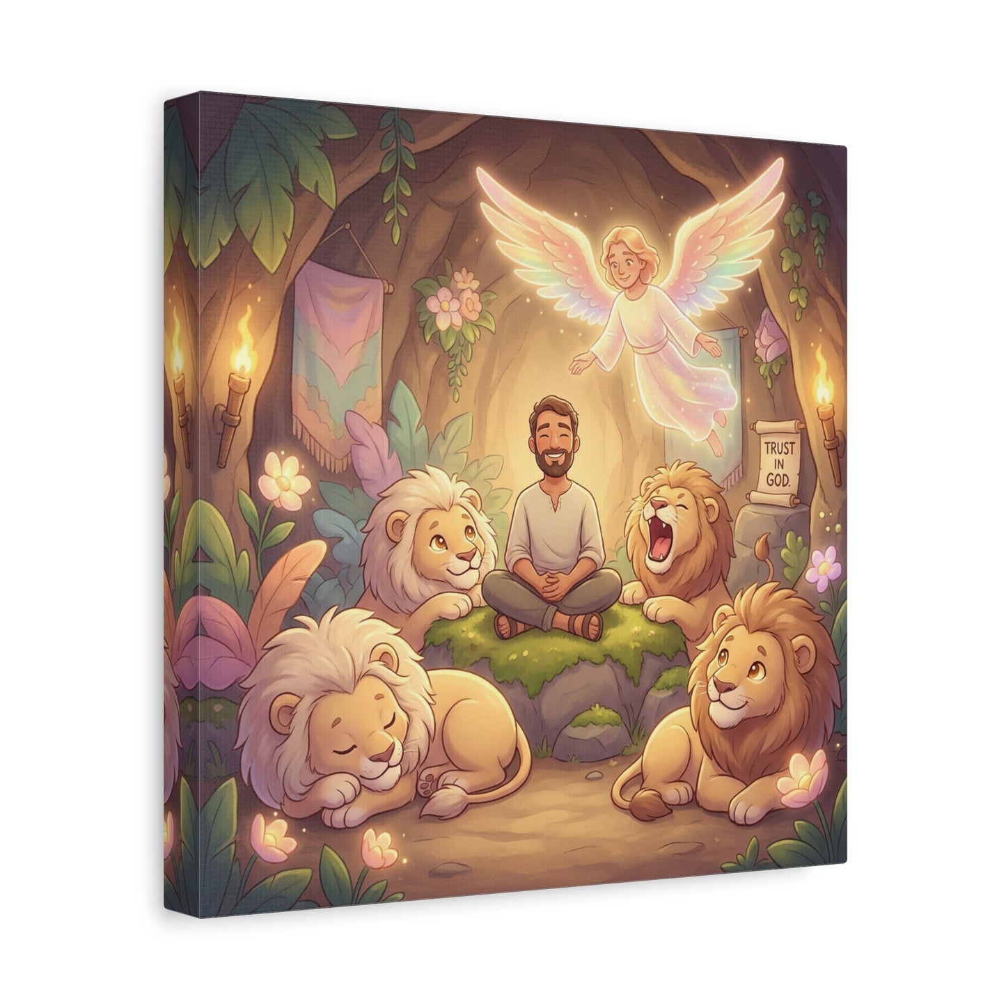 "Trust In God" Christian Canvas Wall Art - Angel, Man With Lions Cave Scene - Pastel Nursery Decor, Matte Cotton Print - Kids Bedroom Wall Decor, Playroom Home Decoration - Ready to Hang