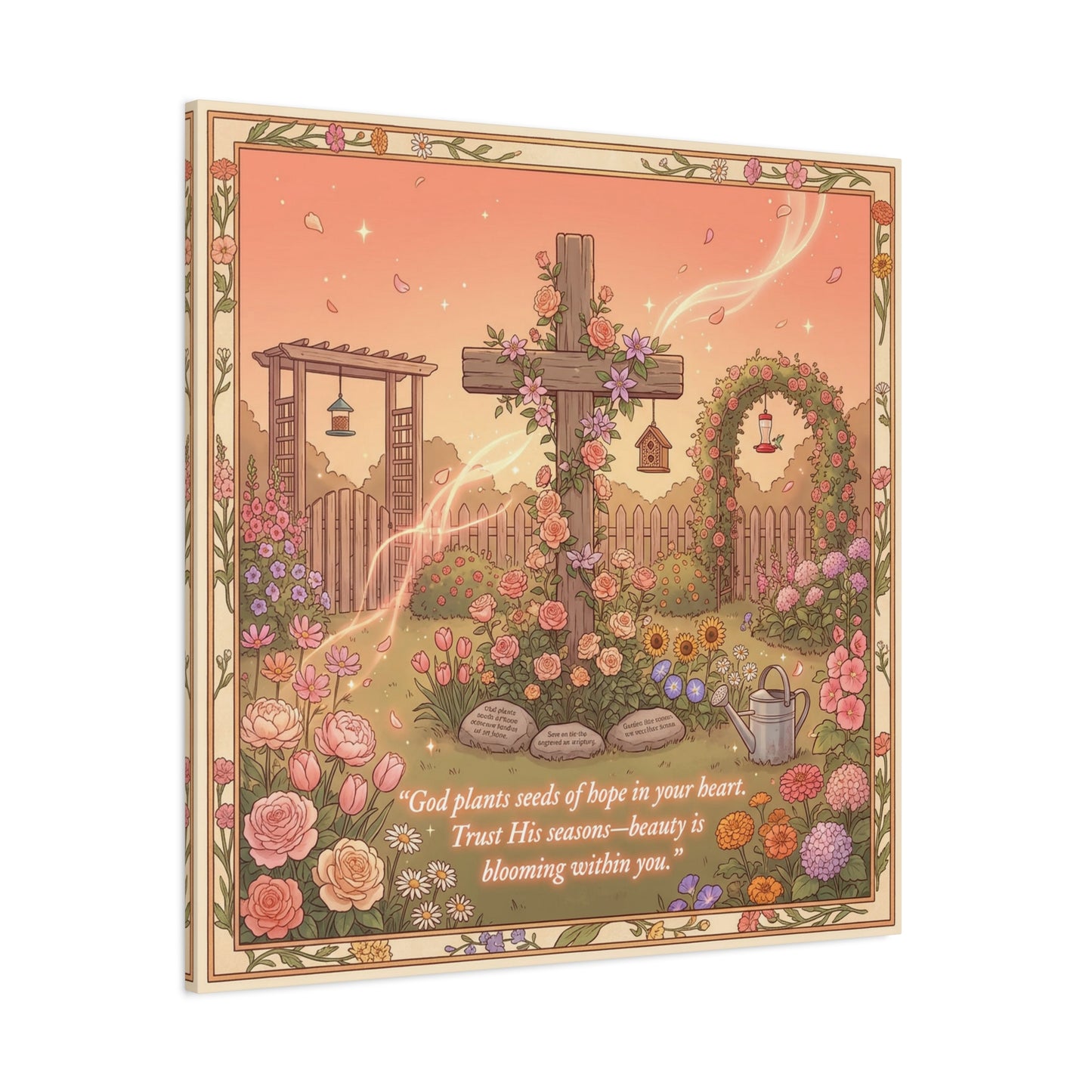"God Plants Seeds Of Hope In Your Heart" Christian Canvas Wall Art - Floral Cross Garden Scripture Print, Matte Cotton Decor - Inspirational Bedroom Home Decoration, Living Room Accent - Ready to Hang