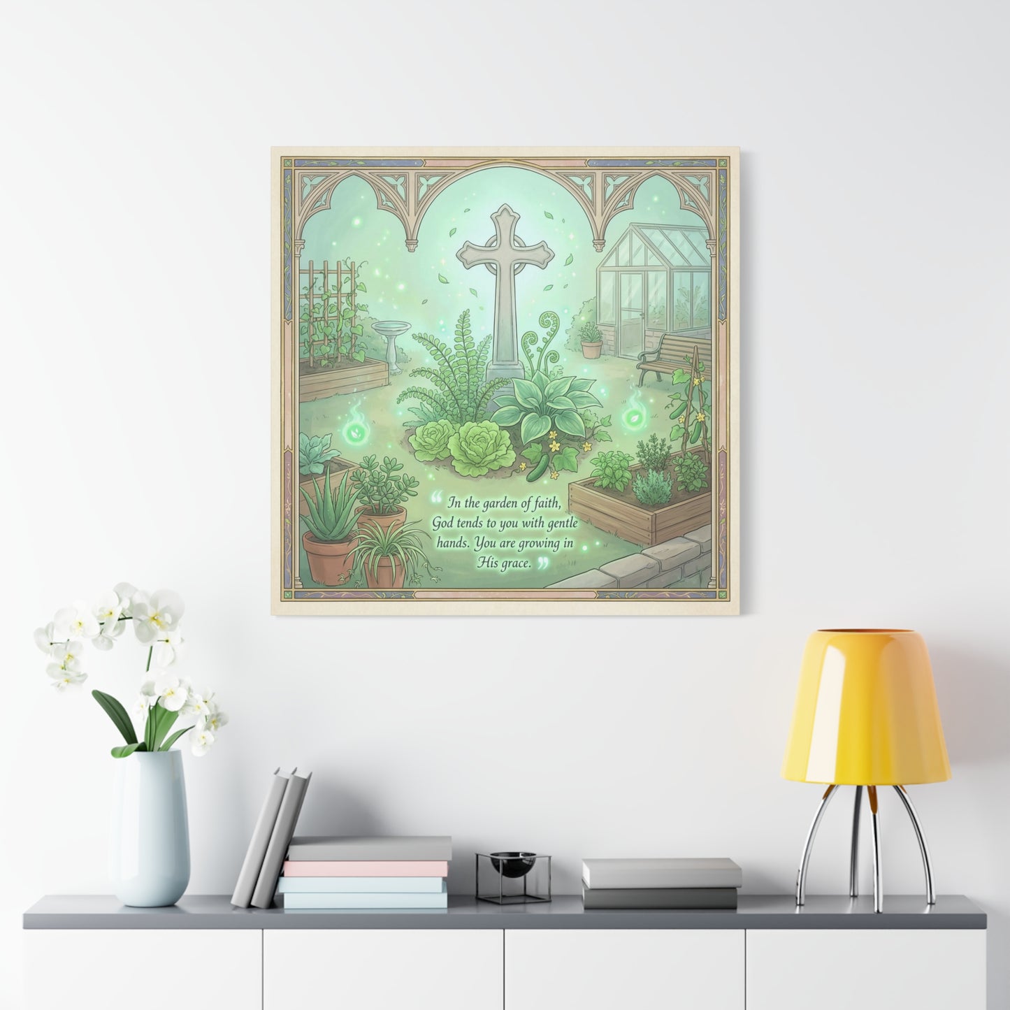 "In The Garden Of Faith" Christian Canvas Wall Art - Cross Garden Quote Print - Botanical Scripture Decor, Matte Cotton Canvas - Traditional Religious Wall Decor For Bedroom Office - Ready to Hang
