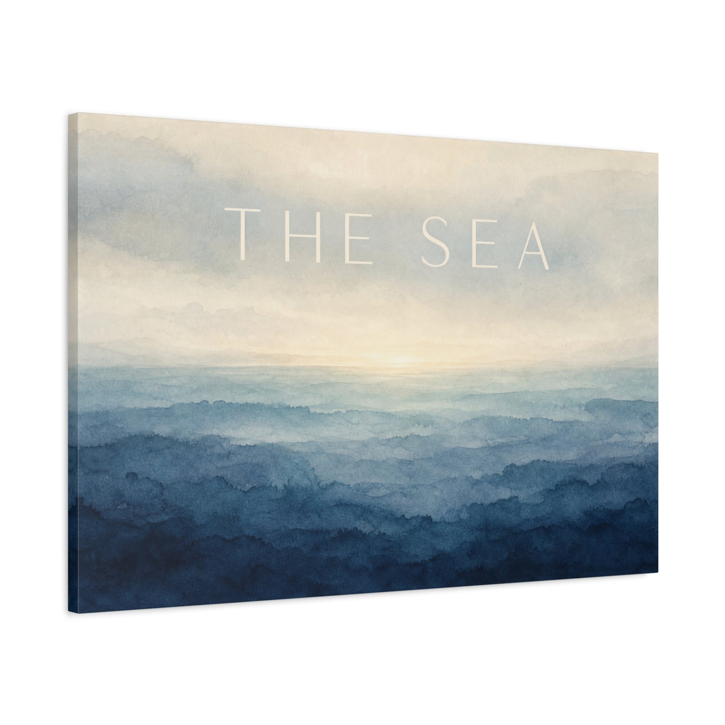 "The Sea" Coastal Canvas Wall Art - Blue Ocean Horizon Watercolor Typography Print - Serene Minimalist Seascape Decor - Bedroom Wall Hanging, Living Room Home Decoration, Meditation Space