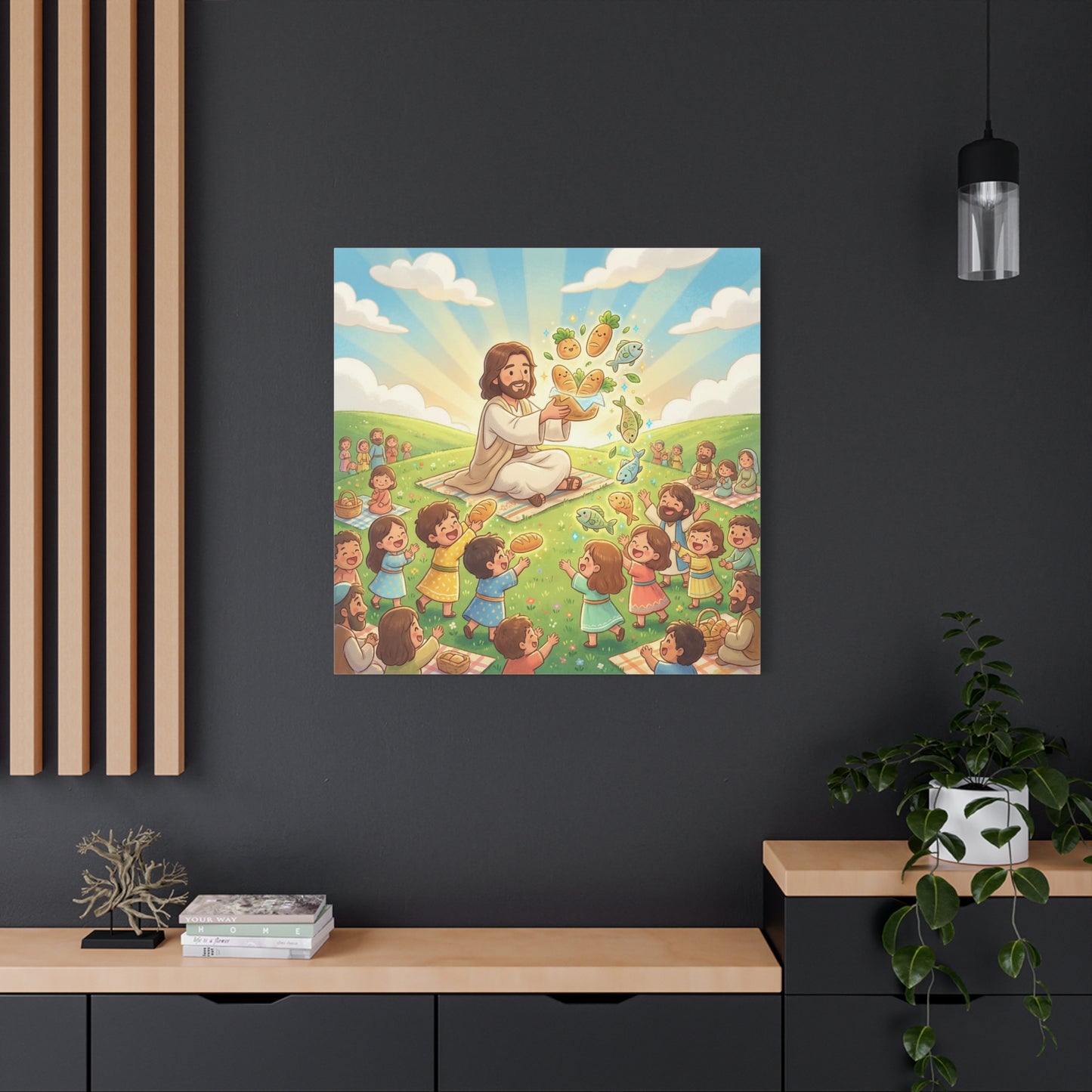 Jesus Feeding Multitude Canvas Wall Art - Loaves And Fish Bible Scene, Christian Nursery Decor - Matte Cotton Print, Kids Room Wall Decor, Sunday School Classroom - Bedroom Home Decoration