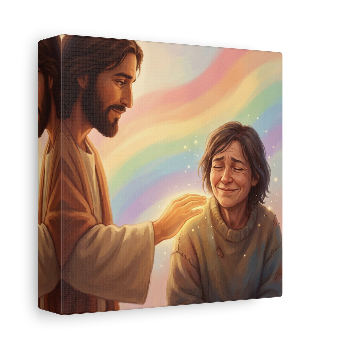 Jesus Christ Comforting Woman Canvas Wall Art - Rainbow Christian Wall Decor, Faith Home Decoration - Matte Canvas Print, Inspirational Religious Artwork - Living Room Bedroom Office - Ready to Hang
