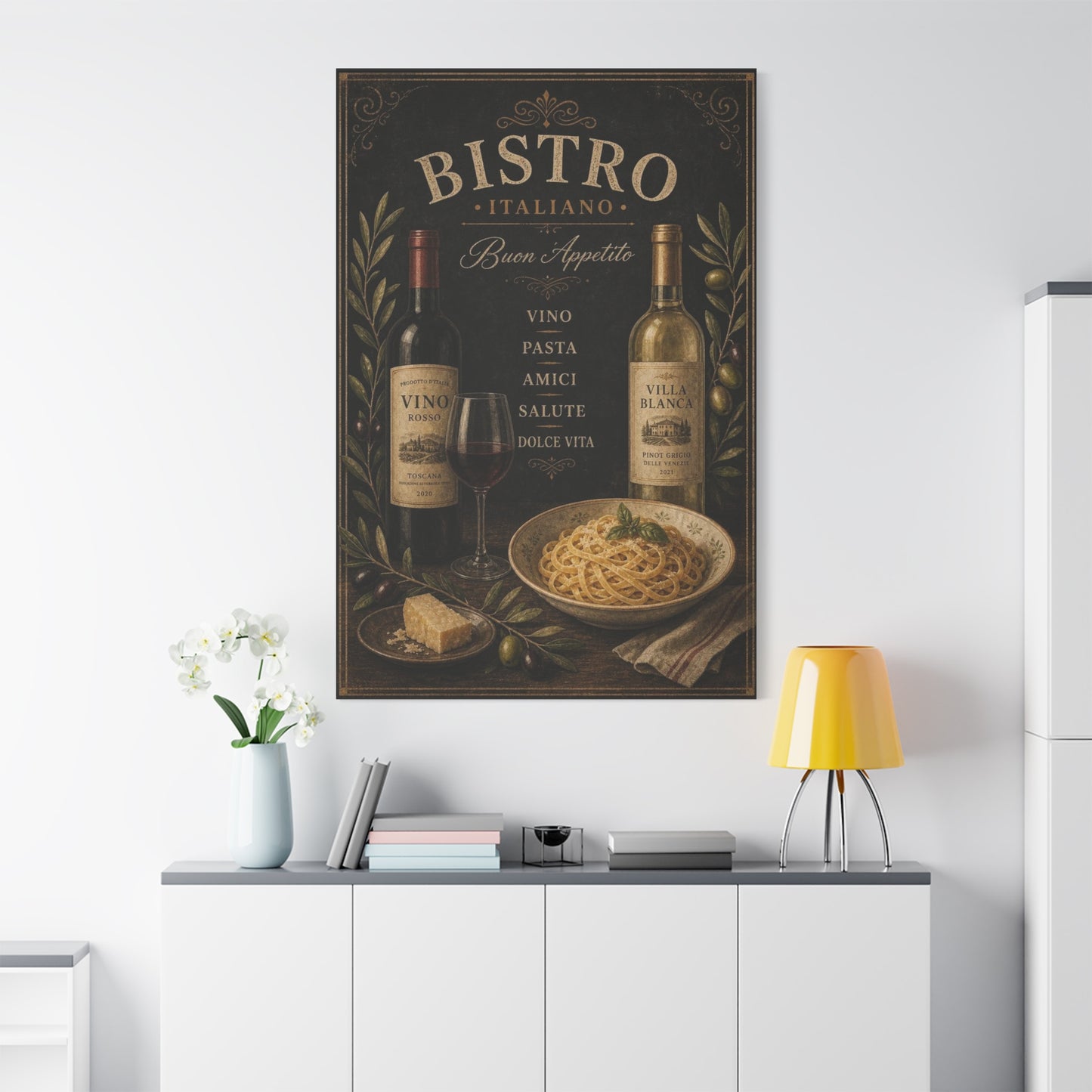 "Bistro Italiano Buon Appetito" Canvas Wall Art - Wine Bottles, Pasta, Olives - Vintage Italian Kitchen Decor - Rustic Farmhouse Style - Dining Room Accent, Cafe Wall Decor - Bedroom Home Decoration