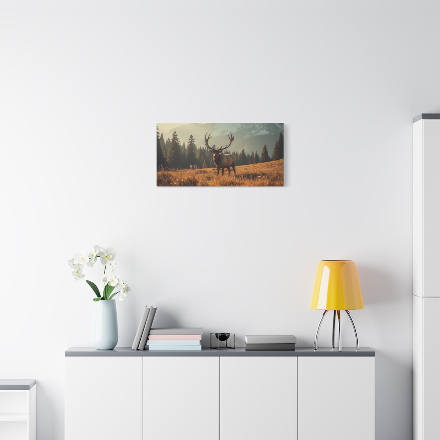 Bull Elk Canvas Wall Art - Mountain Meadow Wildlife Landscape, Golden Light Cotton Print - Rustic Nature Style, Living Room Wall Decor, Lodge Bedroom Home Decoration - Bedroom Home Decoration