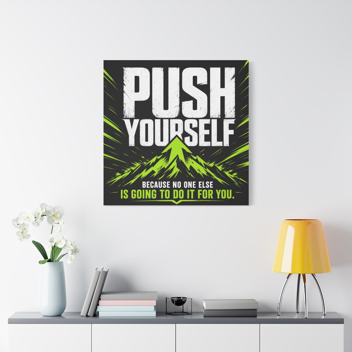 "Push Yourself Because No One Else Is Going To Do It For You" Motivational Canvas Wall Art - Bold Typography Quote Print, Modern Black Neon Green Design - Home Office Wall Decor, Teen Room