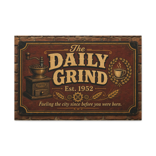 "The Daily Grind" Coffee Canvas Wall Art - Vintage Cafe Sign, Rustic Brown Typography Print, Farmhouse Decor, Coffee Bar Wall Hanging - Bistro Decor - Espresso Bar Sign - Gallery Wrapped Canvas