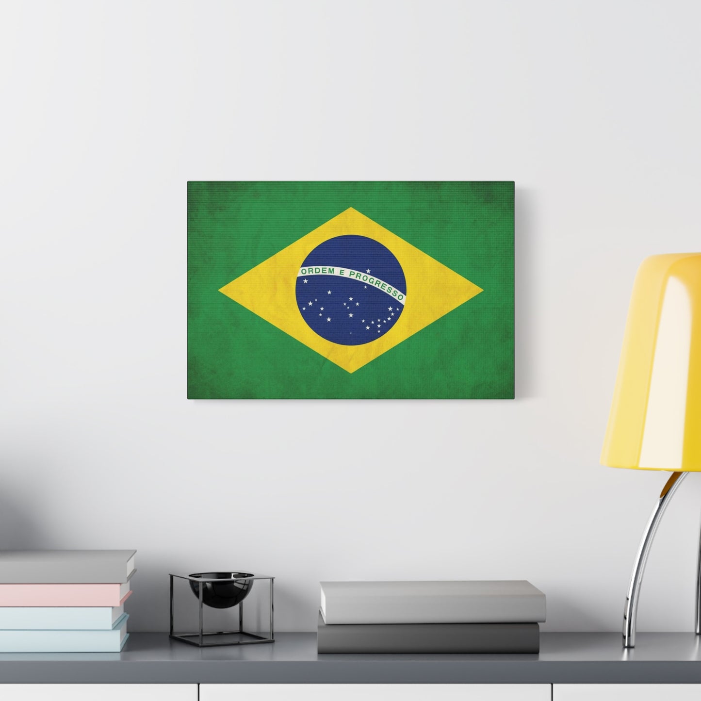"Ordem E Progresso" Brazil Flag Canvas Wall Art - Brazilian Flag Wall Decor, Vintage National Pride Print - Green Yellow Blue Typography Style - Living Room Bedroom Office Decoration - Ready to Hang