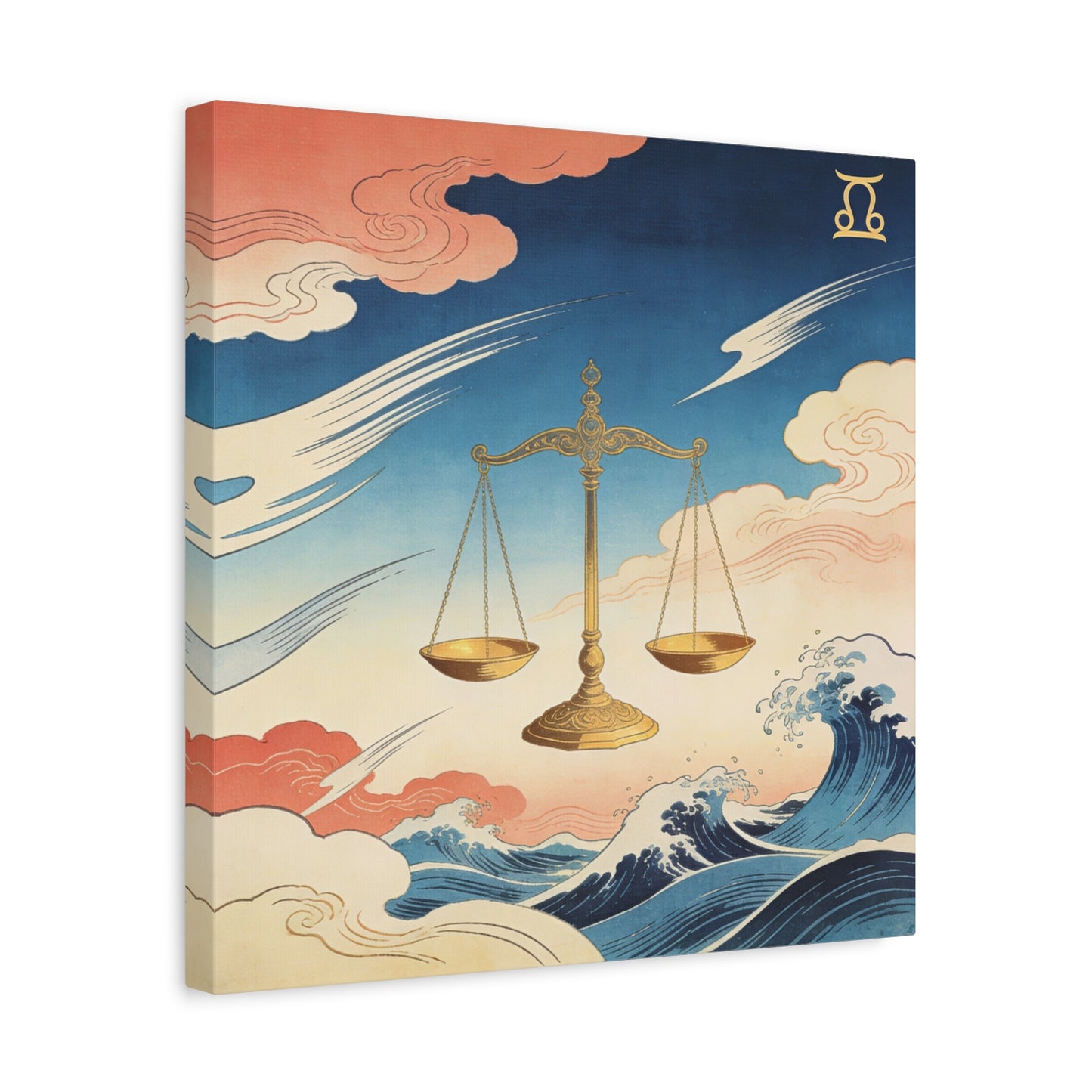 Libra Zodiac Canvas Wall Decor - Vintage Japanese Wave Scales Illustration - Celestial Astrology Print, Gold Balance Symbol, Traditional Style, Bedroom Home Decoration - Living Room Wall Decor