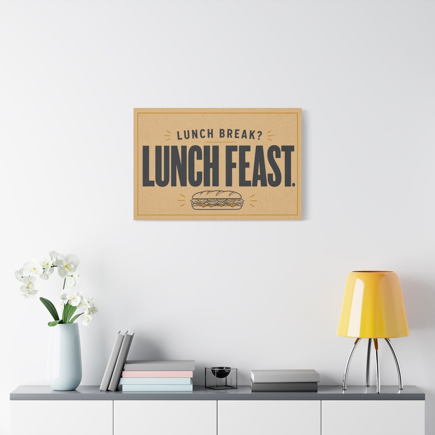 "Lunch Break Lunch Feast." Typography Canvas Wall Art - Vintage Humor Decor - Retro Deli Sandwich Illustration - Farmhouse Accent - Office Breakroom Wall Hanging - Ready to Hang - Sandwich Shop Sign