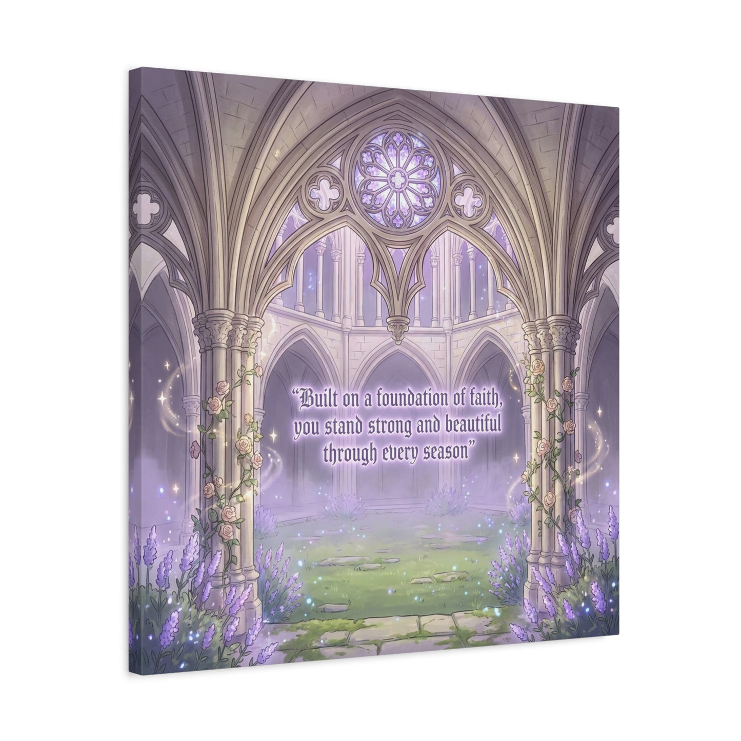 "Built On A Foundation Of Faith, You Stand Strong And Beautiful Through Every Season" Canvas Wall Art - Gothic Cathedral Arch Quote Print - Lavender Floral Decor For Bedroom Living Room