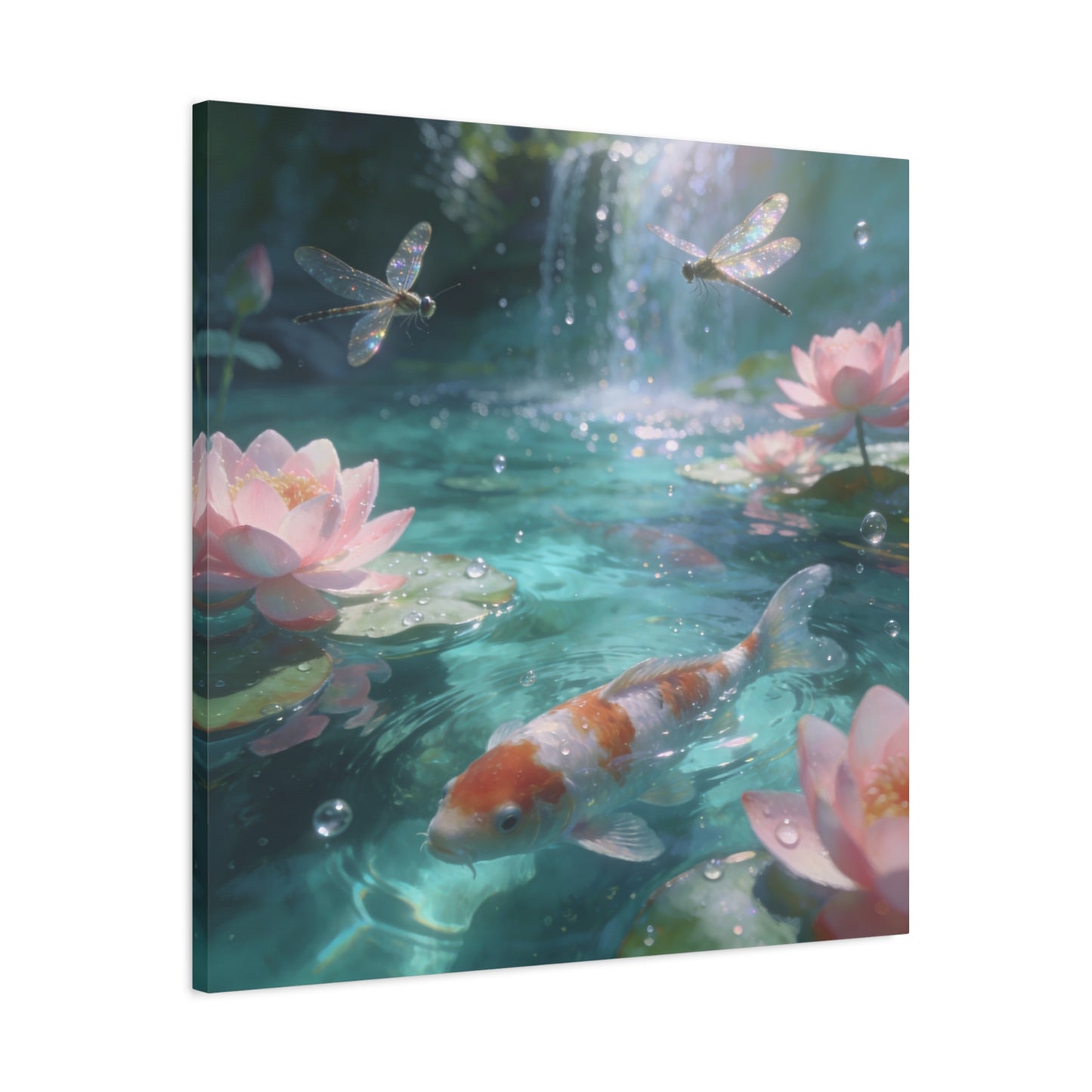 Koi Fish Lotus Canvas Wall Art - Dragonflies Over Teal Pond Water, Pink Water Lily Floral Scene - Dreamy Matte Canvas Print - Bedroom Wall Decor, Living Room Home Accent - Bedroom Home Decoration