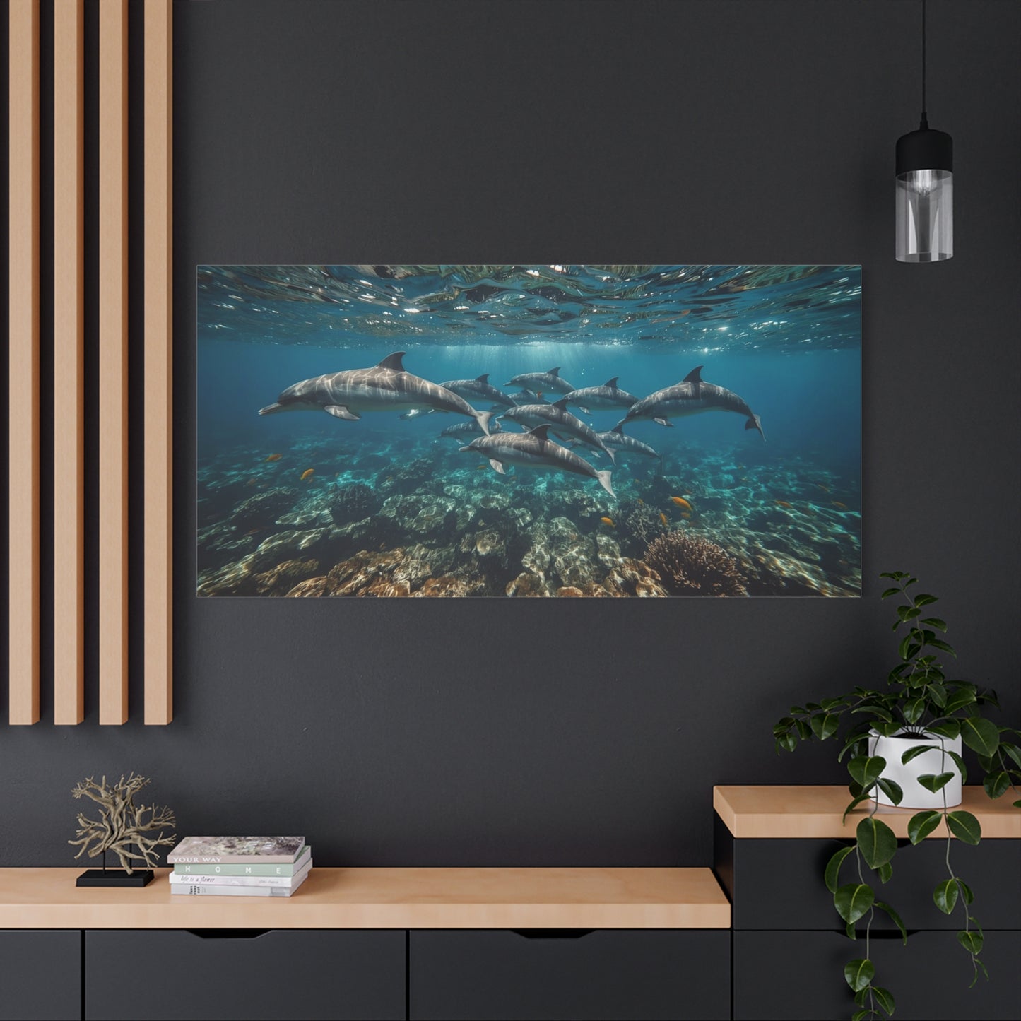Dolphin School Canvas Wall Art - Underwater Ocean Art Print, Blue Coastal Decor - Matte Canvas Print, Contemporary Seascape Style - Living Room Wall Decor, Bedroom Home Decoration - Ready to Hang
