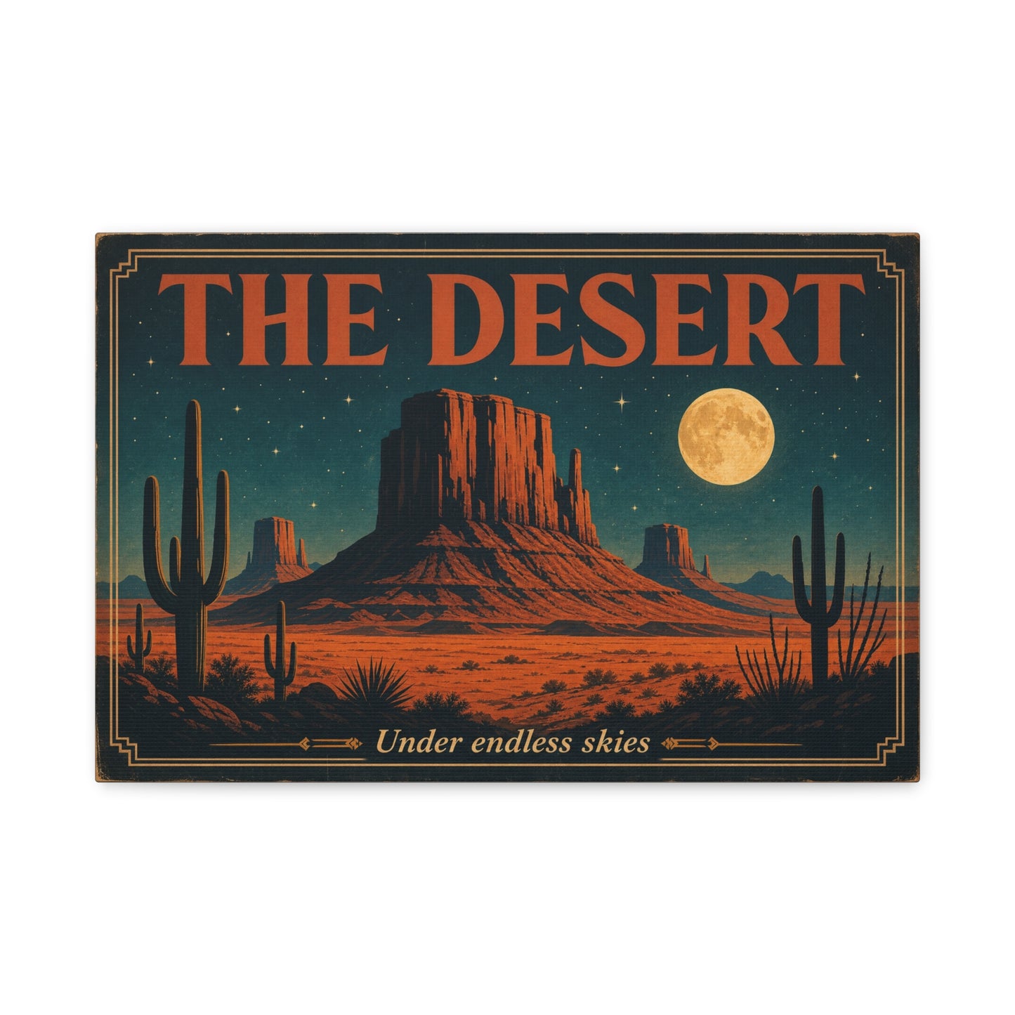 "THE DESERT" Canvas Wall Art - Moonlit Saguaro Desert Mesa Landscape, "Under endless skies" - Vintage Southwest Poster Style, Living Room Wall Decor, Bedroom Home Decoration - Bedroom Home Decoration