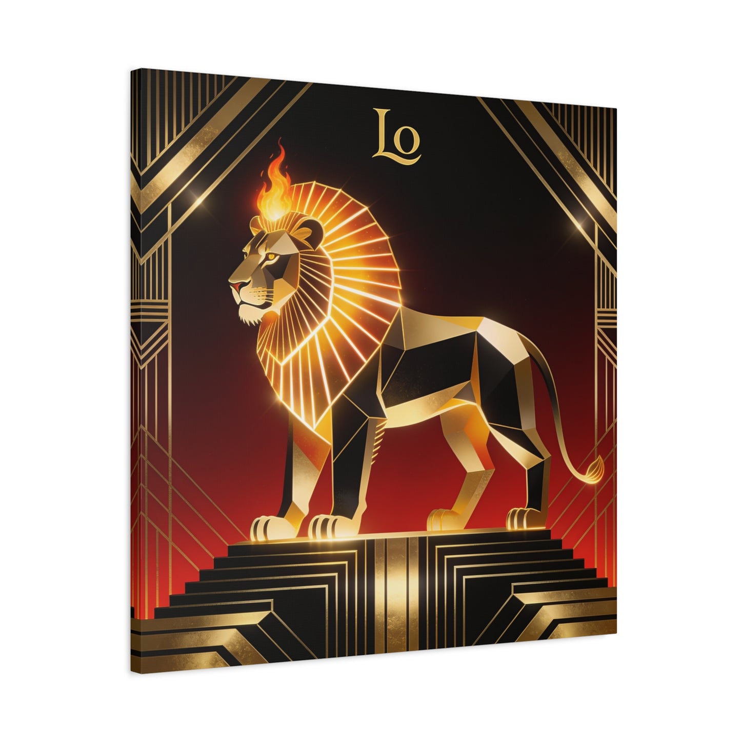 "Lo" Geometric Lion Canvas Wall Decor - Art Deco Gold Black Red Animal Print - Flaming Mane Illustration, Modern Luxe Interior Accent, Living Room Home Decoration - Living Room Wall Decor