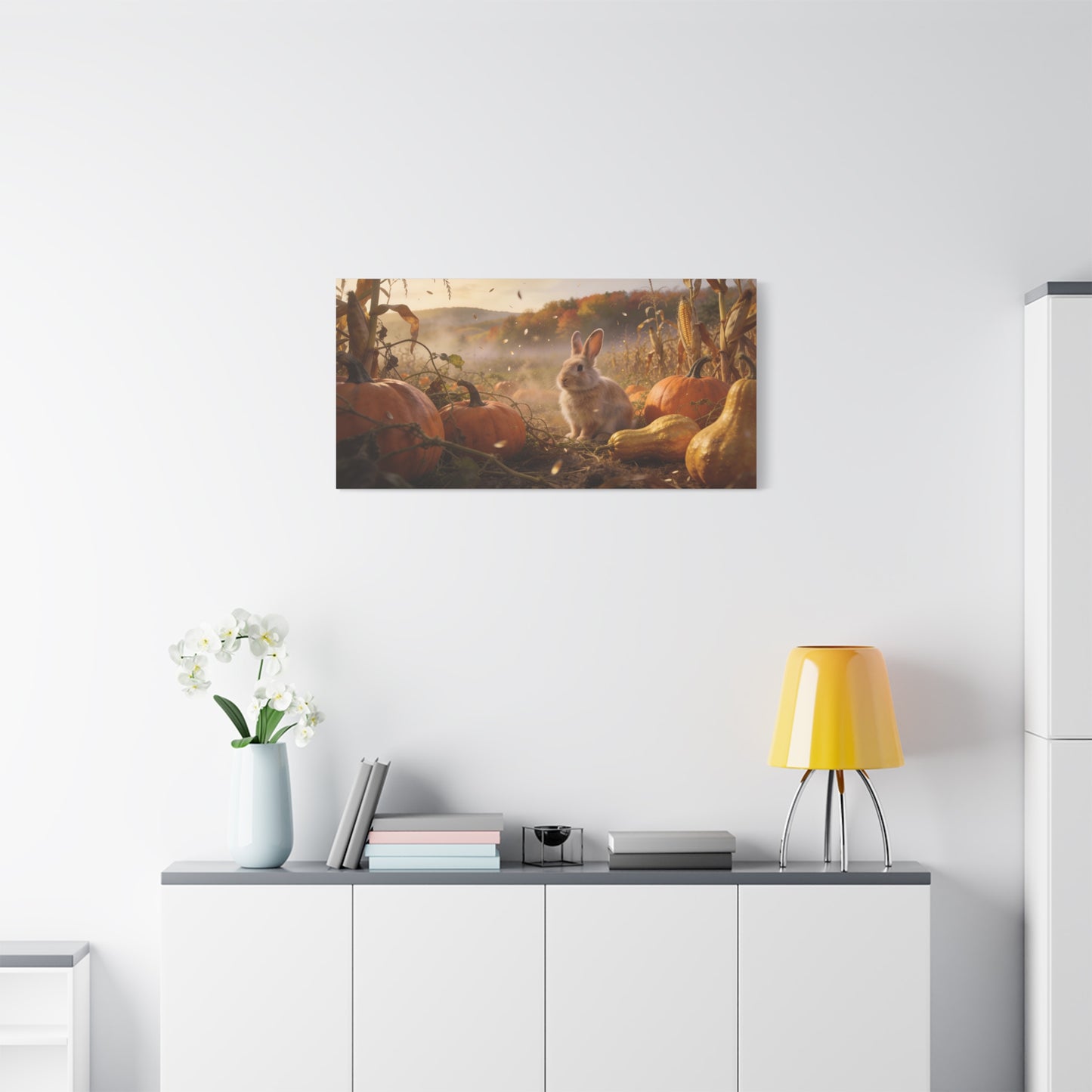 Autumn Bunny Canvas Wall Art - Rabbit In Pumpkin Patch, Golden Harvest Farm Scene - Rustic Matte Canvas Print - Bedroom Wall Decor, Living Room Home Decoration, Nursery Accent - Modern Farmhouse Style