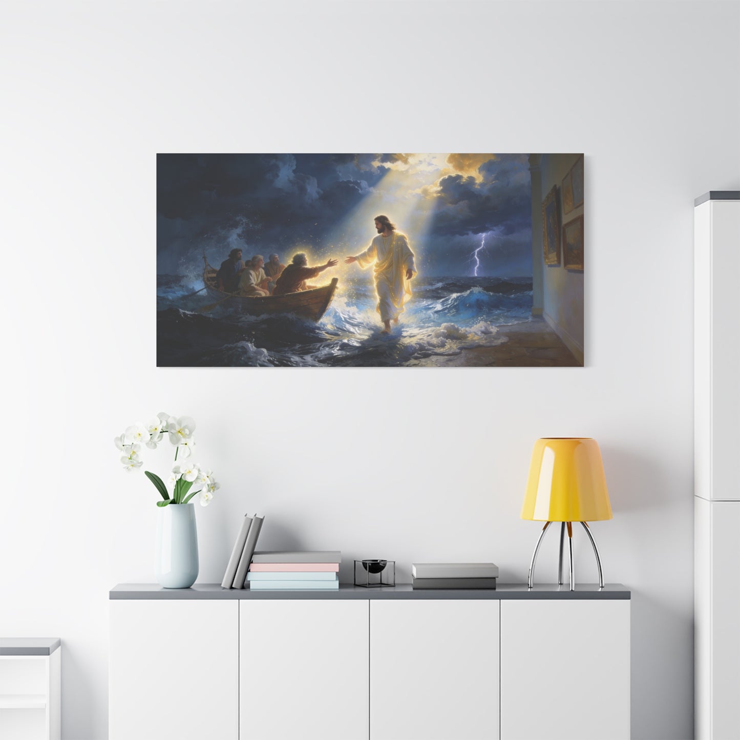 Jesus Christ Walking On Water Canvas Wall Art - Storm Sea Disciples Boat, Religious Christian Decor - Luminous Matte Canvas Print - Traditional Style, Living Room Wall Decor - Bedroom Home Decoration