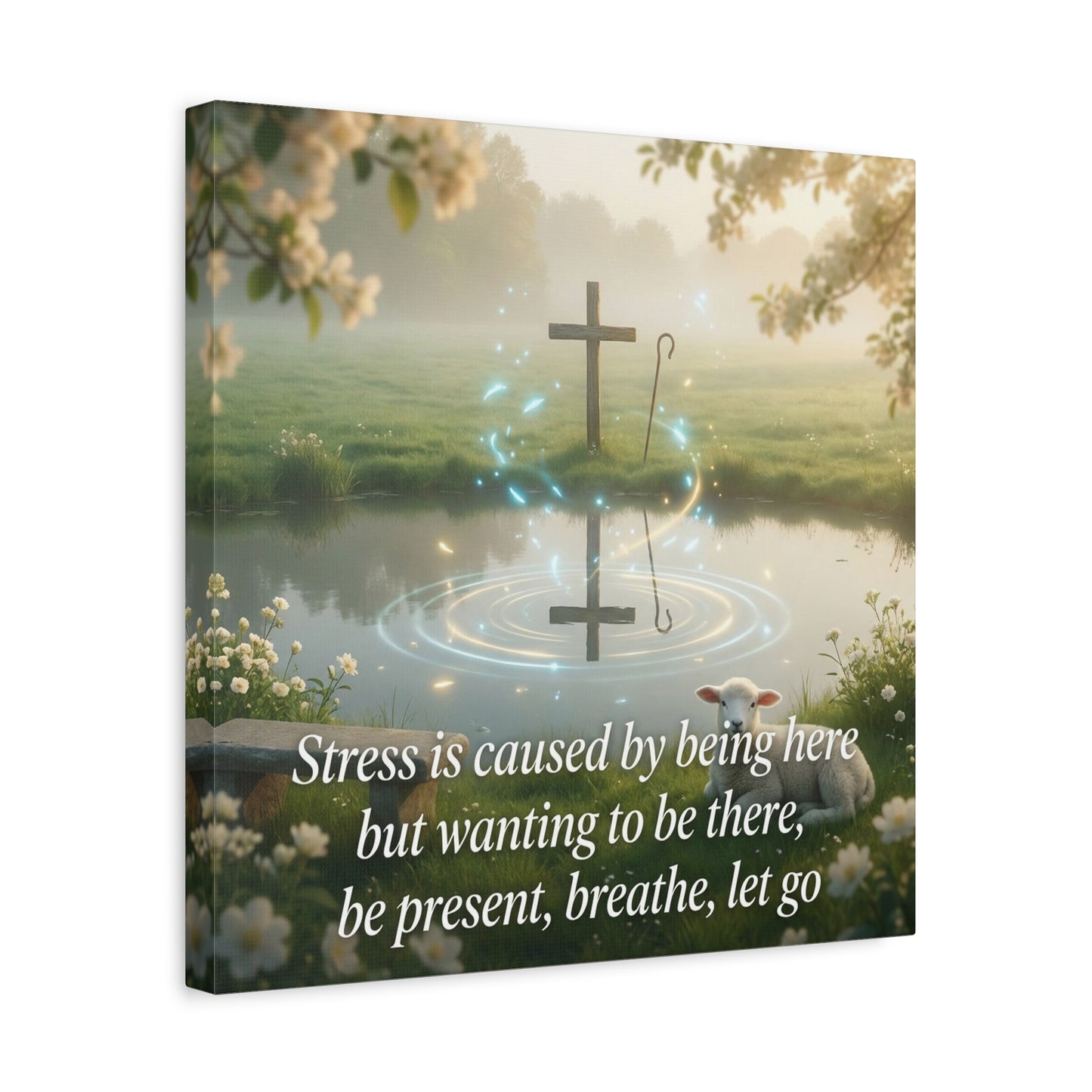 "Stress is caused by being here but wanting to be there, be present, breathe, let go" Cross Canvas Wall Art - Christian Inspirational Pond Scene - Traditional Style - Bedroom Wall Decor