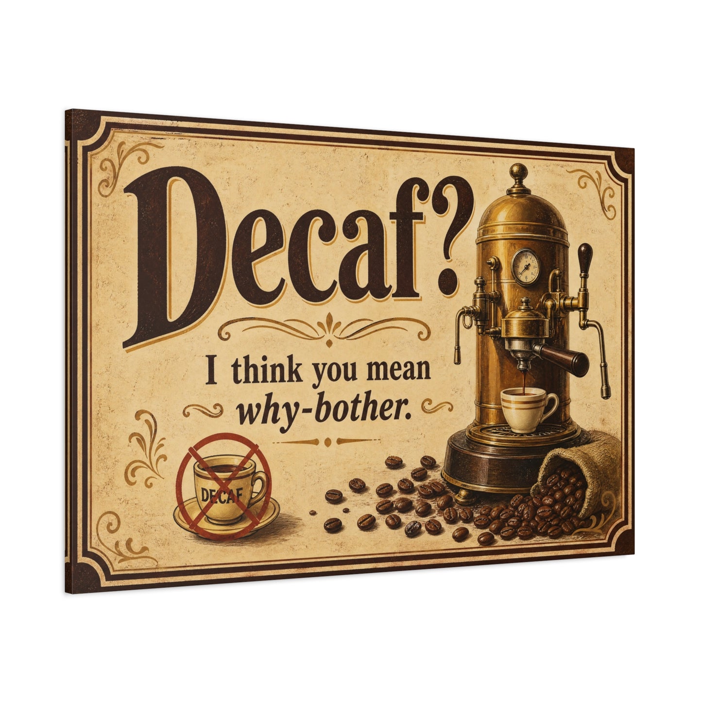 "Decaf I Think You Mean Why-Bother" Coffee Canvas Wall Art - Vintage Espresso Machine, Retro Cafe Humor - Matte Cotton Print - Coffee Bar Decoration - Cafe Wall Art - Bistro Decor - Espresso Bar Sign
