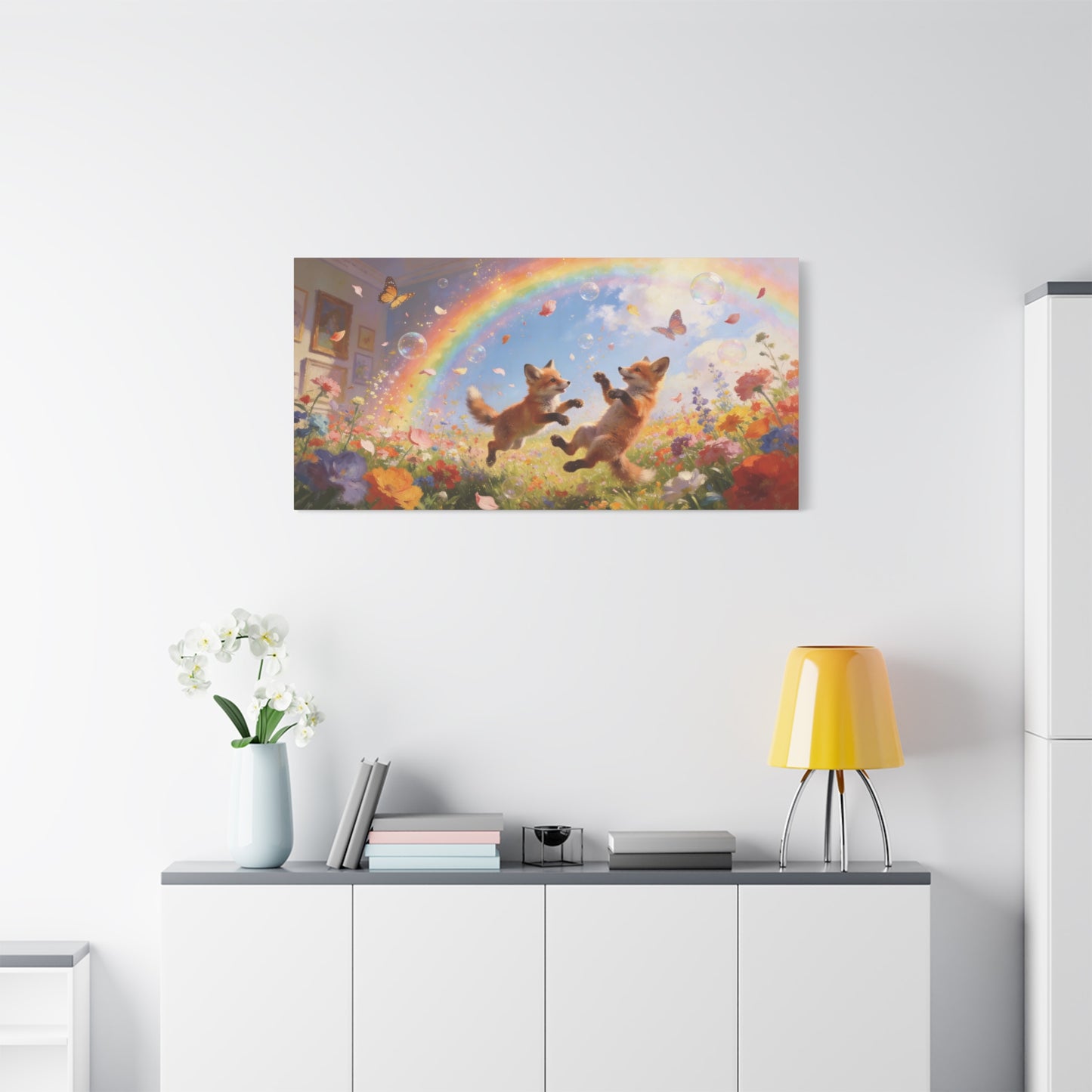 Fox Cub Canvas Wall Art - Whimsical Rainbow Meadow Painting, Butterflies And Wildflowers - Matte Canvas Print - Bohemian Nursery Wall Hanging, Bedroom Home Decoration Accent - Bedroom Home Decoration