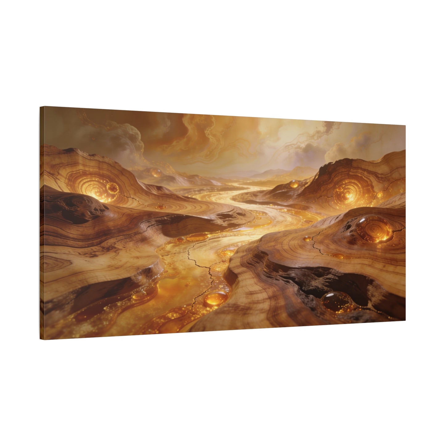 Golden Abstract Landscape Canvas Wall Art - Glowing River, Swirling Stone Forms - Contemporary Matte Canvas Print - Living Room Wall Decor, Bedroom Home Decoration, Office Art - Modern Farmhouse Style