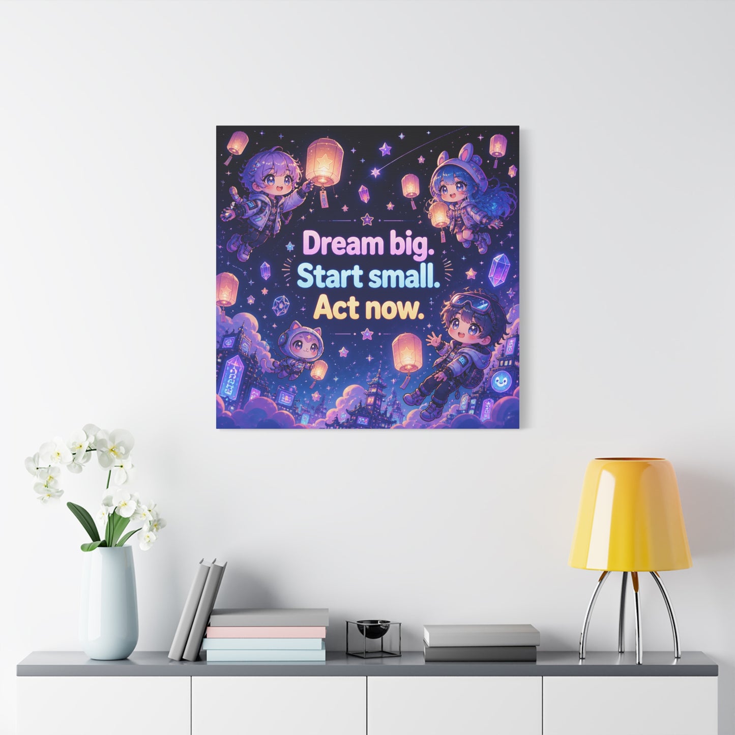 "Dream Big. Start Small. Act Now." Inspirational Canvas Wall Art - Kawaii Space Kids, Star Lantern Night Sky Quote Print - Neon Purple Blue Decor, Bedroom Home Decoration, Teen Room Accent