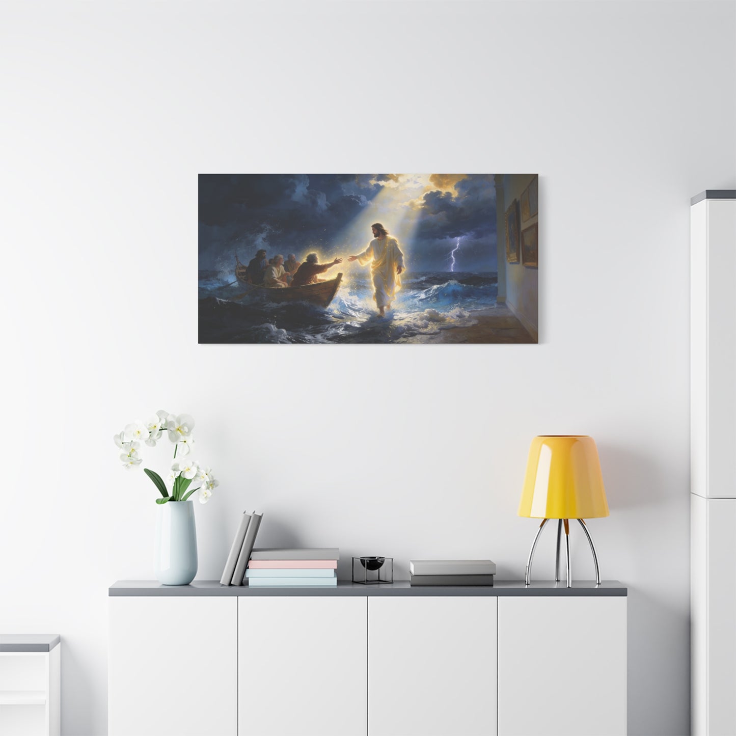 Jesus Christ Walking On Water Canvas Wall Art - Storm Sea Disciples Boat, Religious Christian Decor - Luminous Matte Canvas Print - Traditional Style, Living Room Wall Decor - Bedroom Home Decoration
