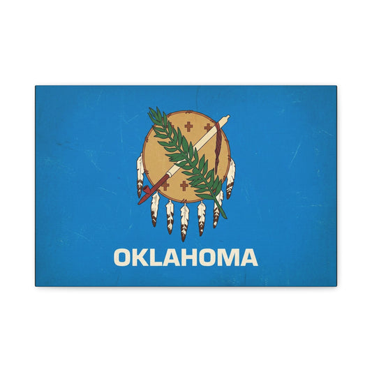 "OKLAHOMA" State Flag Canvas Wall Art - Vintage Blue Shield, Olive Branch And Peace Pipe Print - Rustic Americana Style - Living Room Decor, Office Wall Accent - Ready to Hang - Modern Farmhouse Style