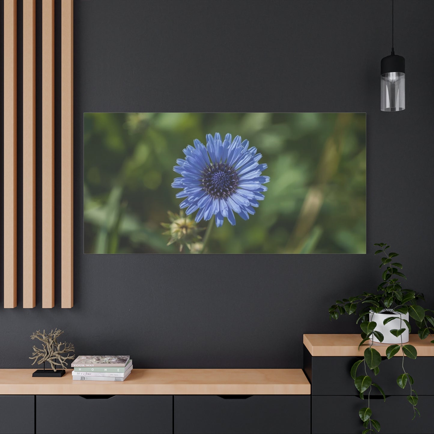 Blue Cornflower Canvas Wall Art - Botanical Flower Art Print, Green Bokeh Background - Matte Cotton Canvas - Contemporary Floral Style - Bedroom Wall Decor, Spa Accent - Modern Farmhouse Style