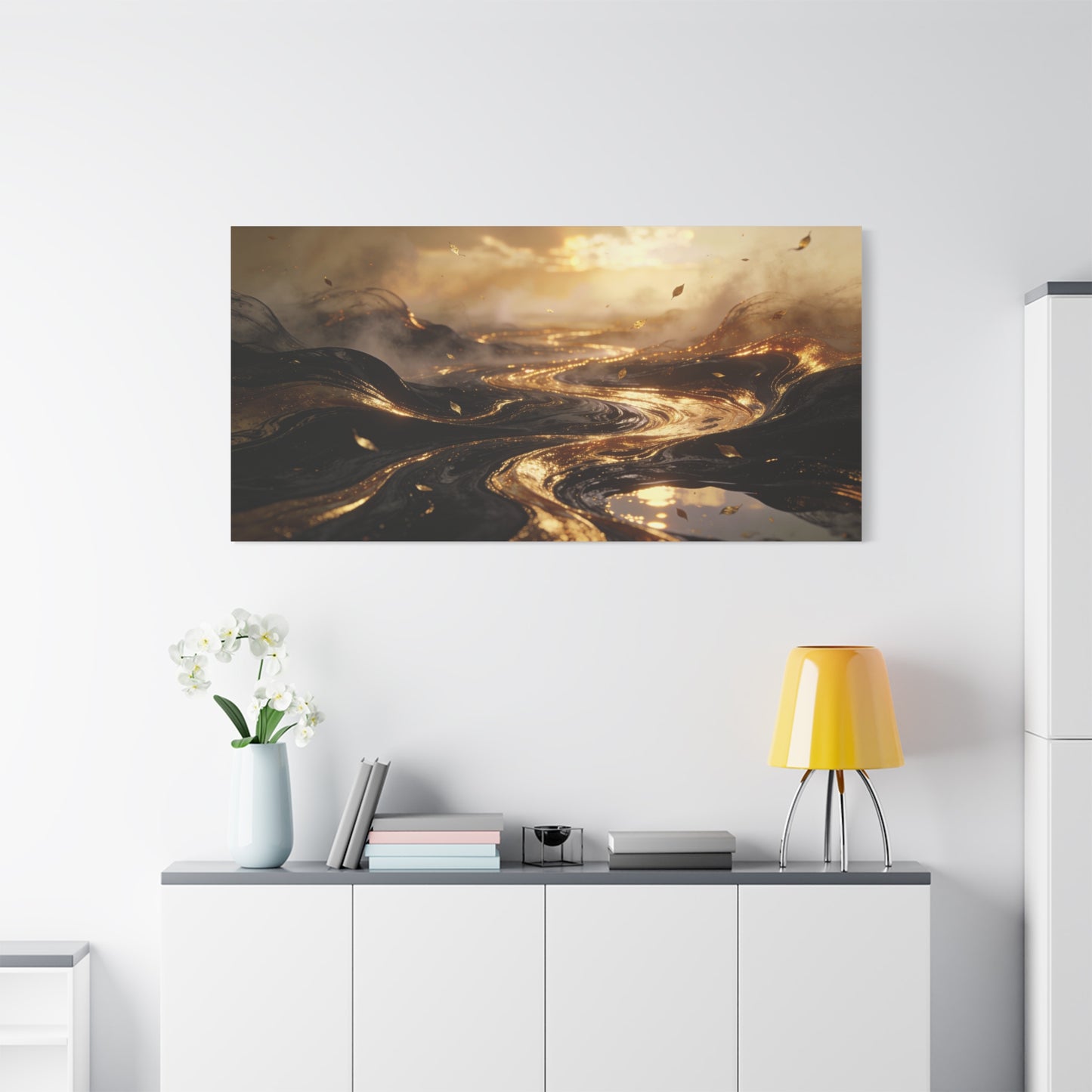 Abstract Gold River Canvas Wall Art - Luminous Flowing Landscape, capiz shells wall decor - Matte Cotton Print, Contemporary Style - Living Room Wall Decor, Bedroom Home Decoration - Ready to Hang