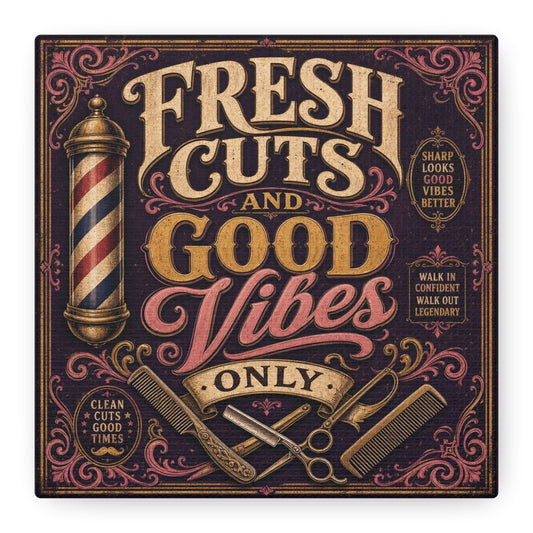 "Fresh Cuts And Good Vibes Only" Barber Shop Canvas Wall Art - Vintage Typography Salon Sign, Straight Razor And Pole Illustration, Rustic Barbershop Decor, Workspace Accent - Office Wall Art