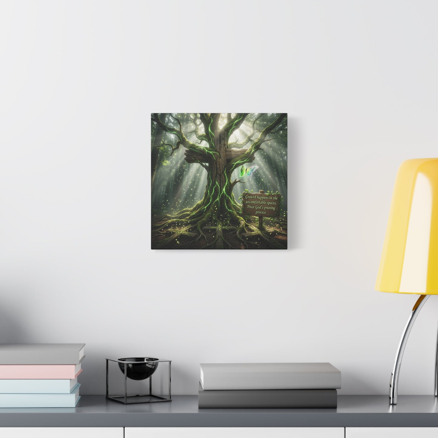 "Growth Happens In The Uncomfortable Spaces, Trust God's Pruning Process" Christian Canvas Wall Art - Forest Tree Cross, Butterfly - Inspirational Rustic Decor - Living Room Wall Decor - Ready to Hang