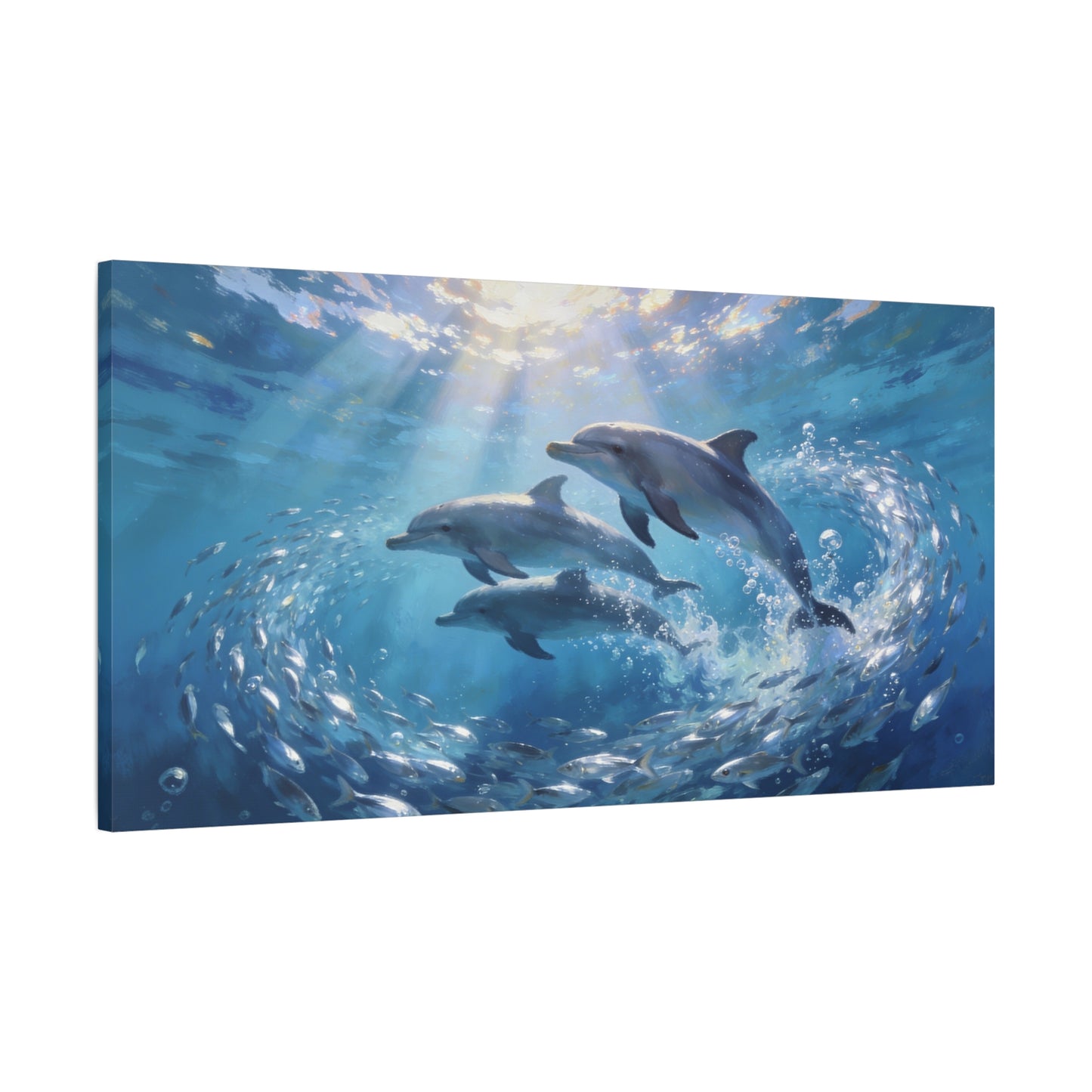 Dolphin Ocean Canvas Wall Art - Blue Underwater Marine Life Scene, Sunbeam Seascape Print - Coastal Style, Serene Living Room Wall Decor, Bedroom Home Decoration Accent - Bedroom Home Decoration