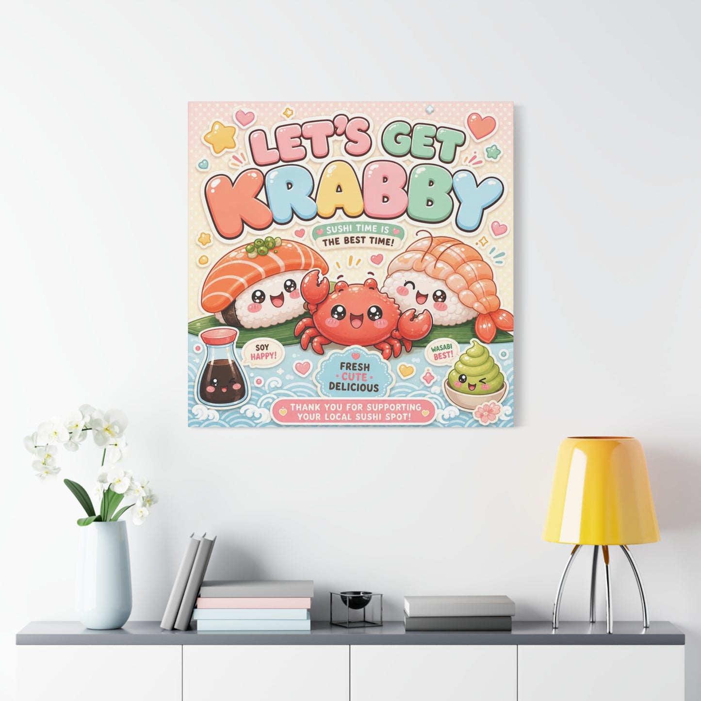"Let's Get Krabby" Sushi Quote Canvas Wall Art - Kawaii Salmon Nigiri Shrimp Crab Illustration - Pastel Typography - Cafe Wall Decor, Restaurant Wall Hanging, Cute Food Sign - Reception Area Decor