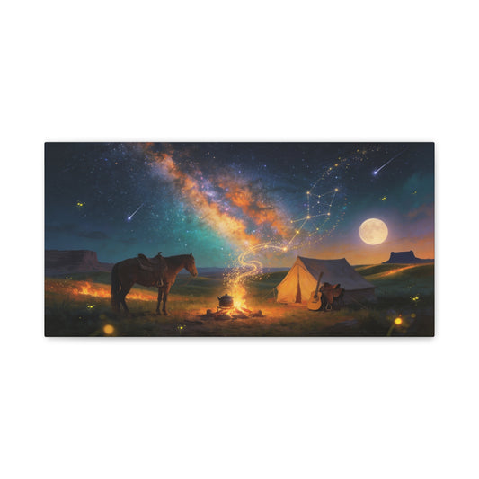 Western Night Sky Canvas Wall Art - Horse, Tent, Campfire And Milky Way Constellation - Dreamy Cosmic Desert Landscape - Modern Home Decor For Living Room, Bedroom, Office - Living Room Wall Decor