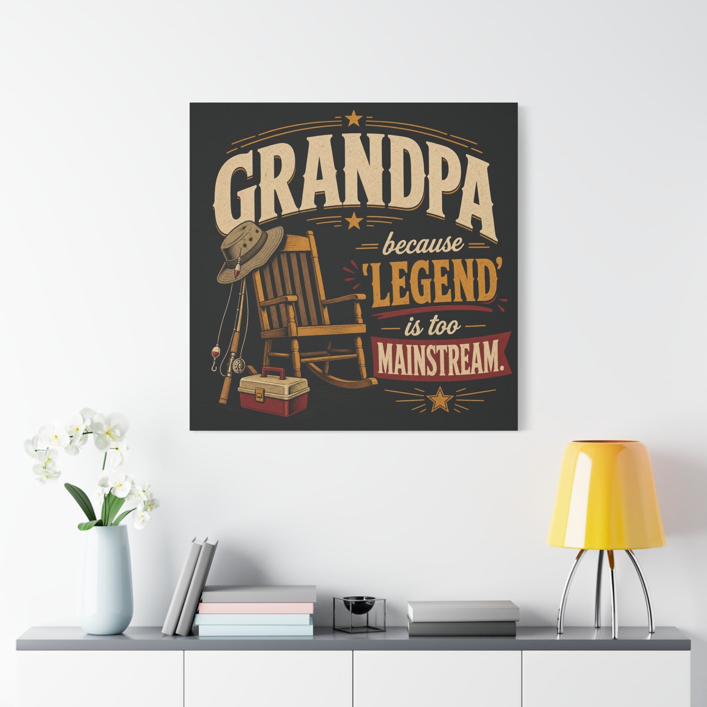 "Grandpa Because 'Legend' Is Too Mainstream" Canvas Wall Art - Vintage Fishing Rocking Chair Print - Rustic Typography Decor - Living Room Wall Decor - Ready to Hang - Bedroom Home Decoration