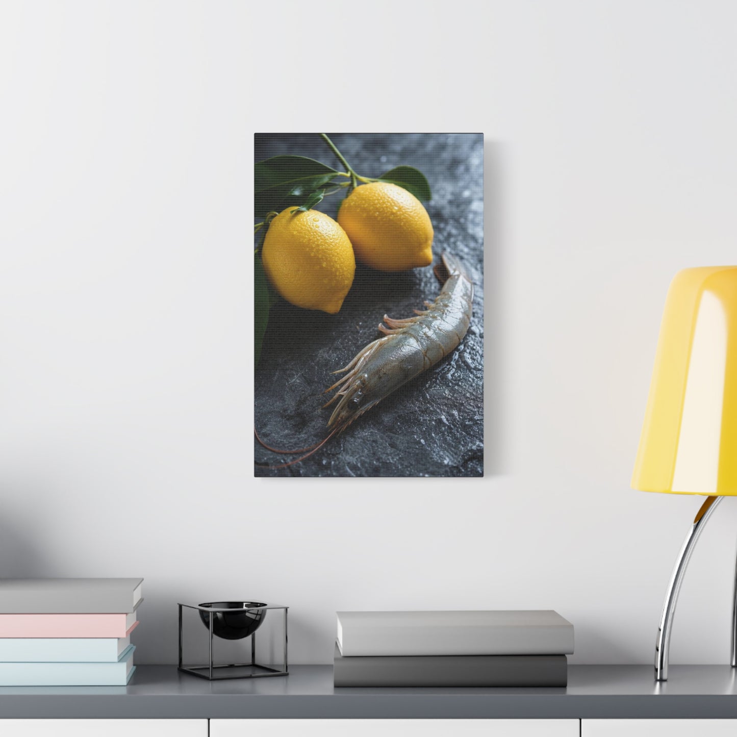 Lemon And Shrimp Canvas Wall Art - Still Life Food Art Print, Moody Kitchen Decor - Matte Cotton Art Print - Contemporary Dining Room Accent, Coastal Restaurant Wall Decor - Bedroom Home Decoration