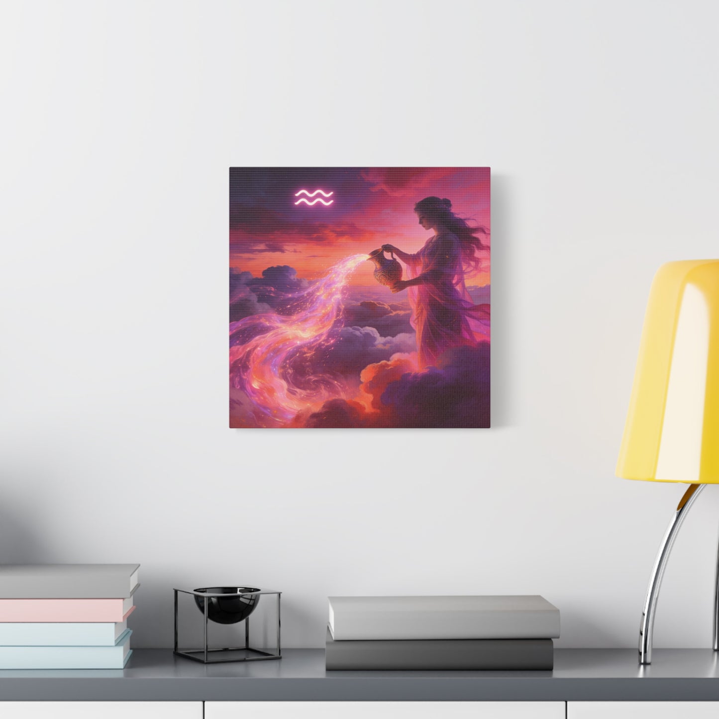Aquarius Goddess Canvas Wall Art - Zodiac Woman Pouring Celestial Water, Fantasy Sky Illustration - Pink Purple Matte Canvas Print - Bedroom Wall Decor, Bohemian Home Accent - Bedroom Home Decoration