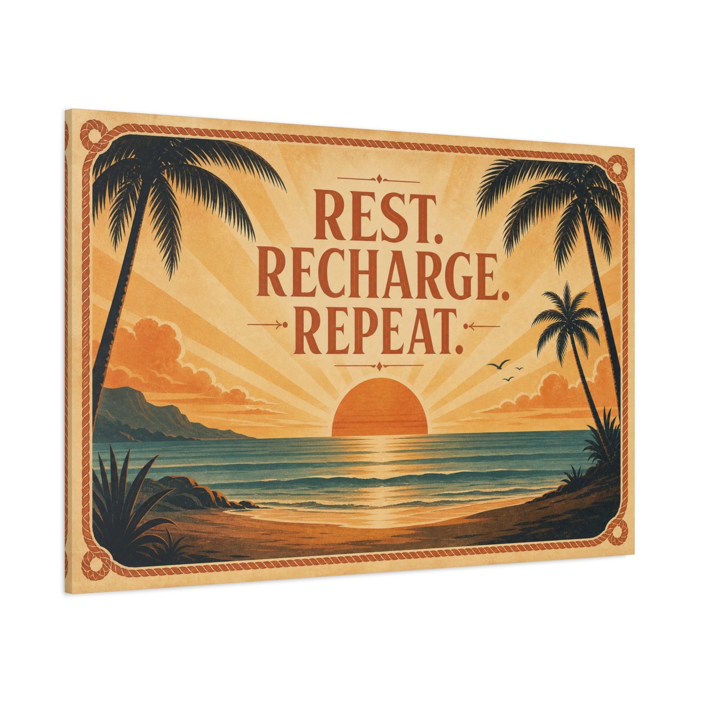 "Rest. Recharge. Repeat." Tropical Beach Sunset Canvas Wall Art - Vintage Coastal Typography, Retro Palm Tree Ocean Scene, Living Room Wall Decor, Bedroom Home Decoration - Bedroom Home Decoration