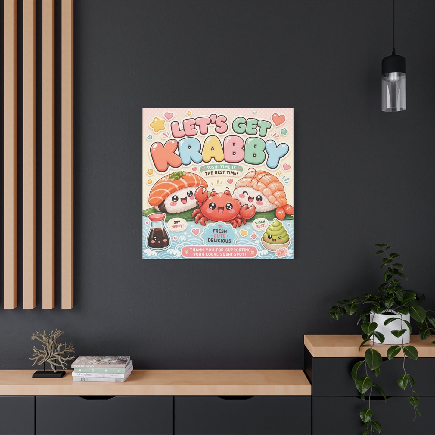 "Let's Get Krabby" Sushi Quote Canvas Wall Art - Kawaii Salmon Nigiri Shrimp Crab Illustration - Pastel Typography - Cafe Wall Decor, Restaurant Wall Hanging, Cute Food Sign - Reception Area Decor
